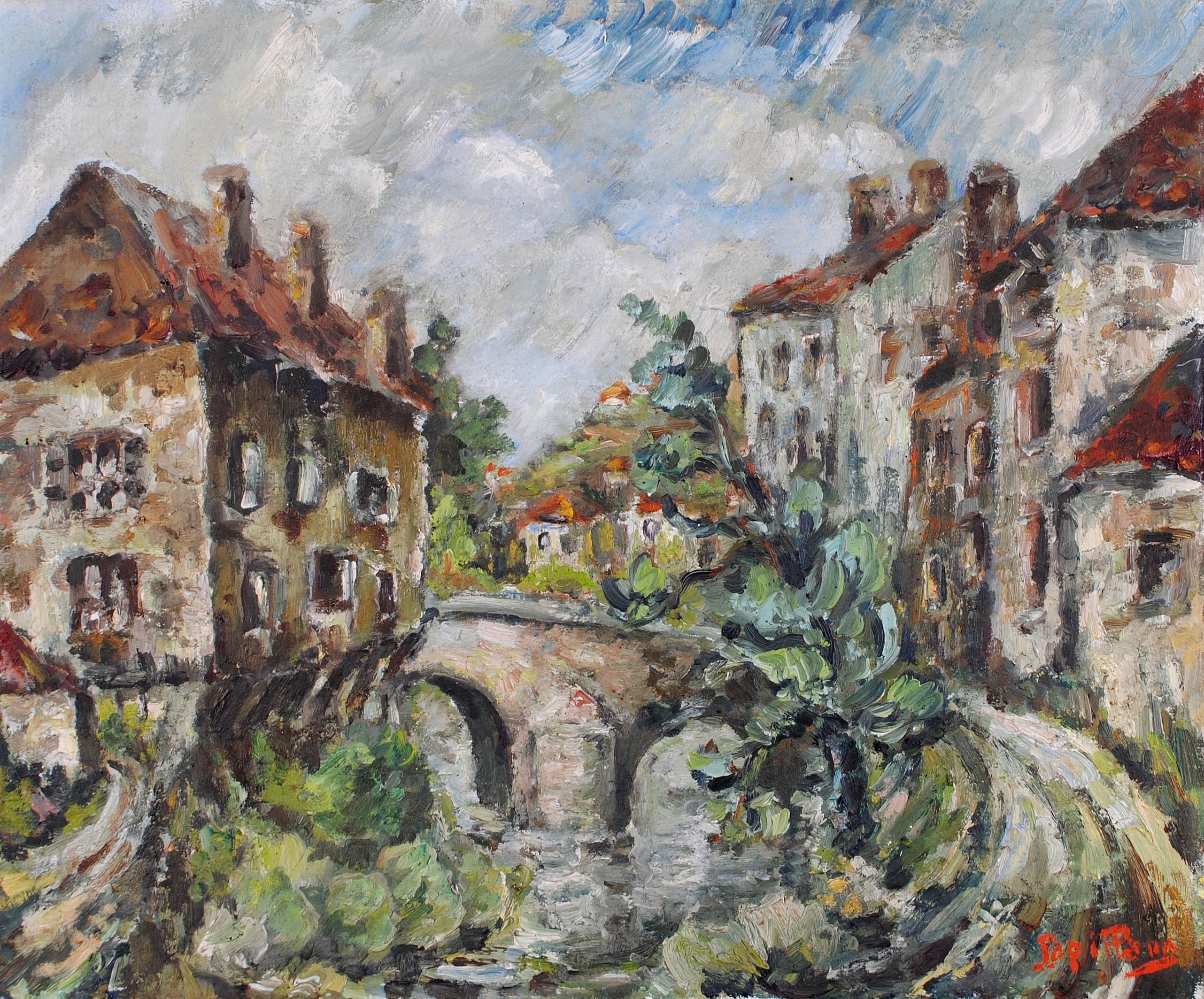 Paisaje fluvial - Pintura al óleo antigua expresionista francesa de principios del siglo XX - Painting de Early 20th Century French School