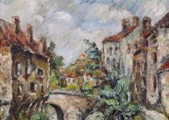 Paesaggio fluviale - Pittura a olio antica espressionista francese dei primi del Novecento