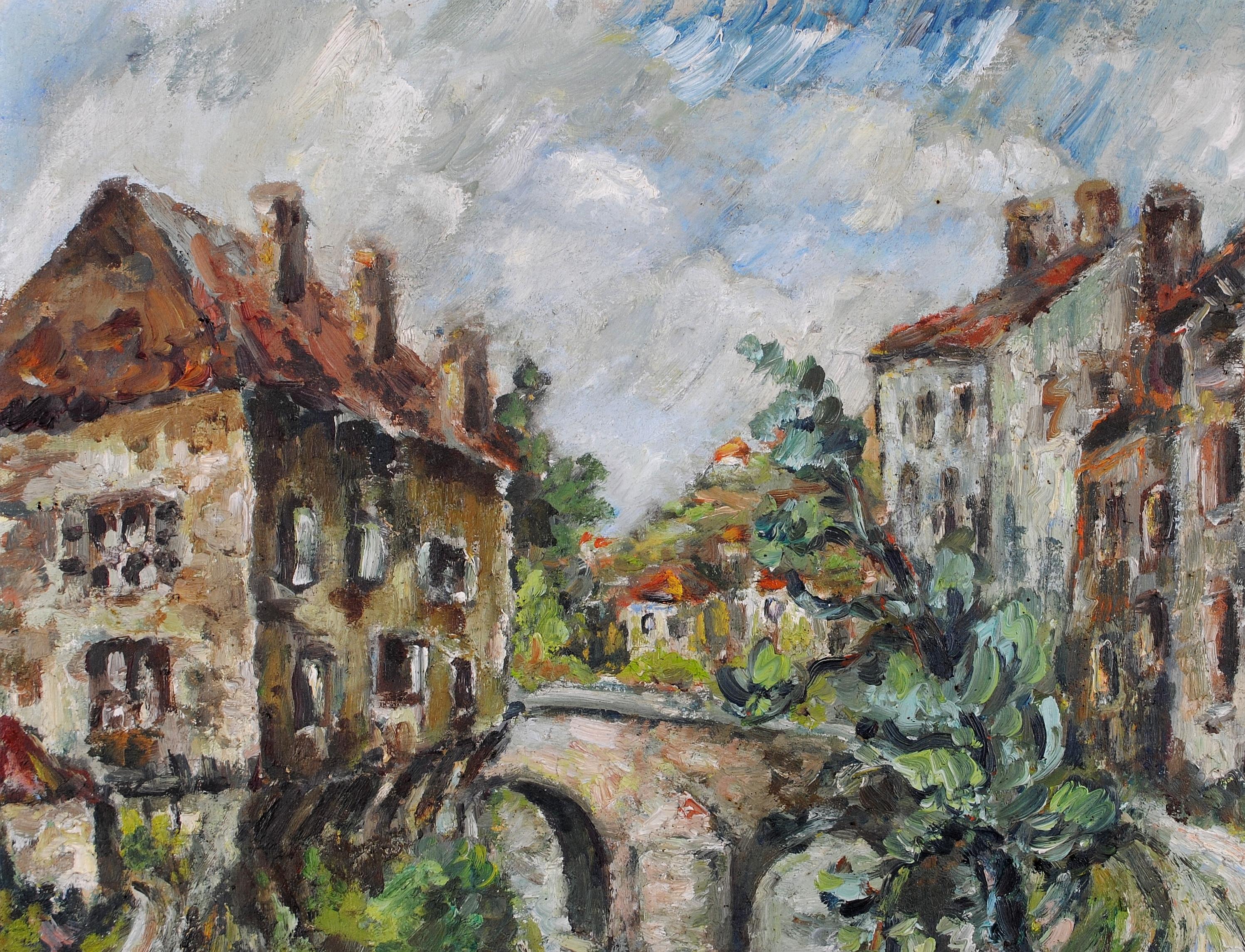 Precioso óleo sobre lienzo expresionista francés de los años 30 que representa un paisaje fluvial con un puente y casas bajo un cielo dramático.

Un trabajo de excelente calidad, con un precioso trabajo de pincel impasto. Firmado abajo a la derecha