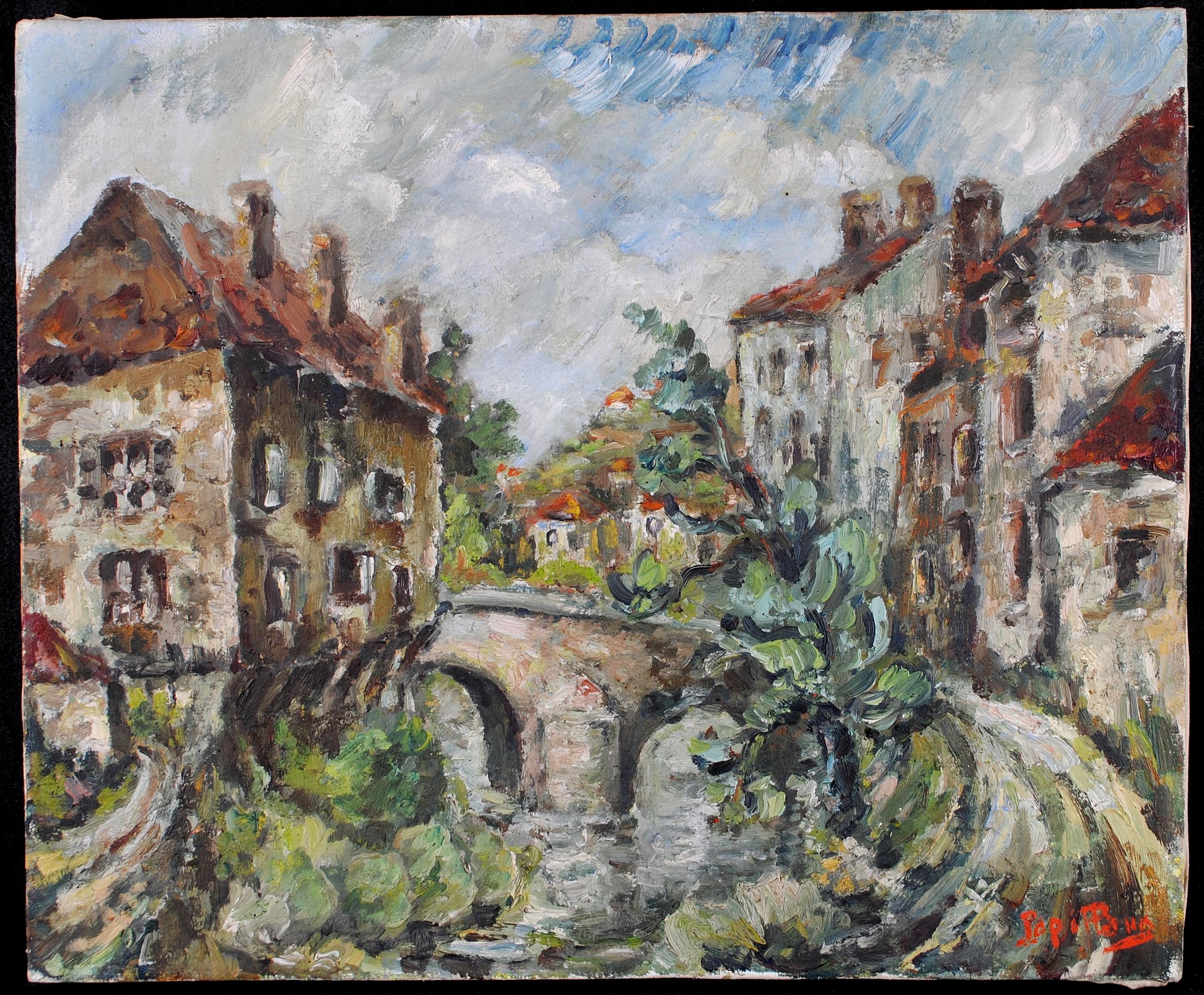 Landscape Painting de Early 20th Century French School - Paisaje fluvial - Pintura al óleo antigua expresionista francesa de principios del siglo XX