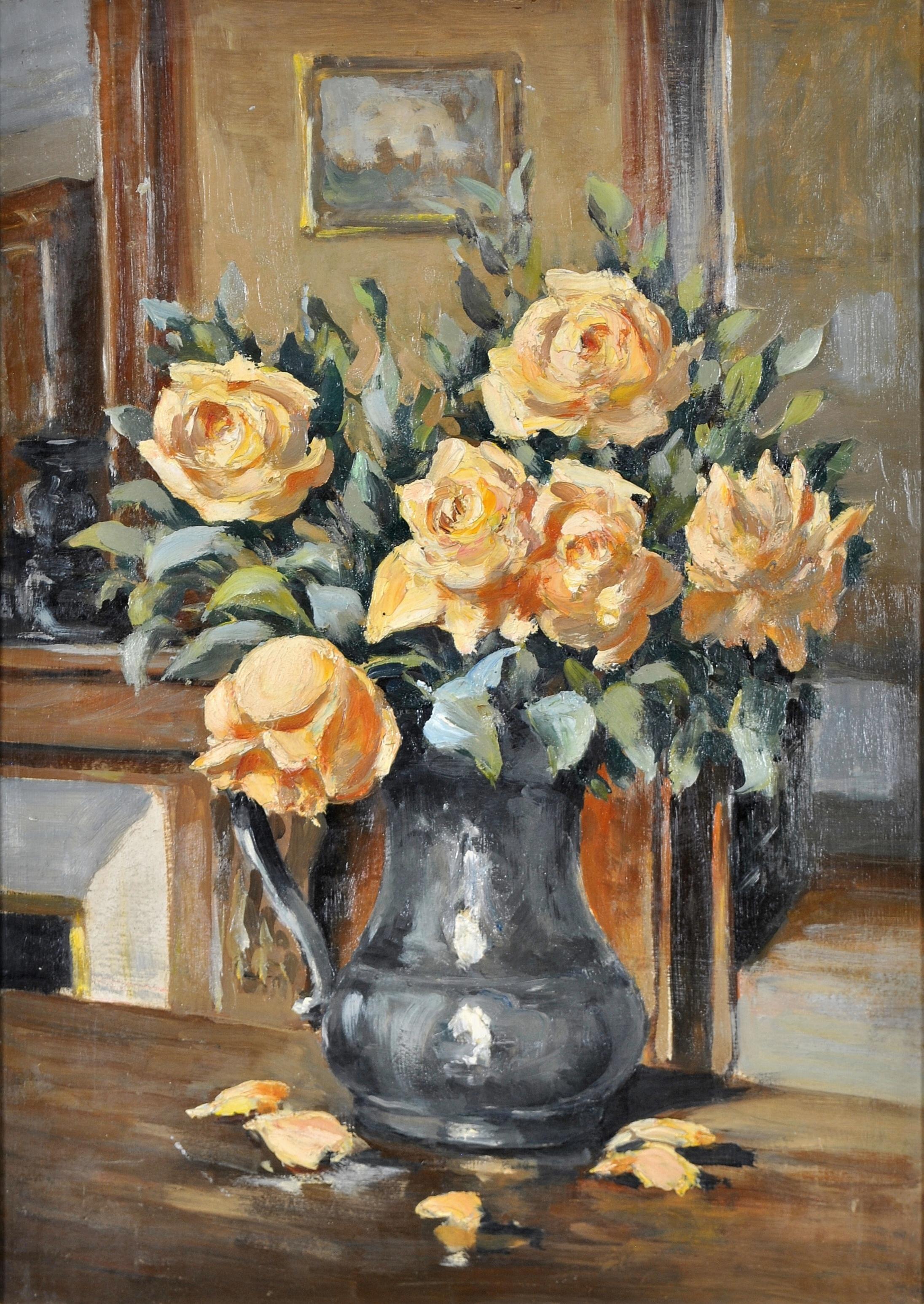 Roses dans une cruche - Nature morte à l'huile impressionniste française des années 1920 - Painting de Early 20th Century French School