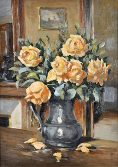 Roses in a Jug - 1920's French Impressionist Antique Still Life Oil Painting