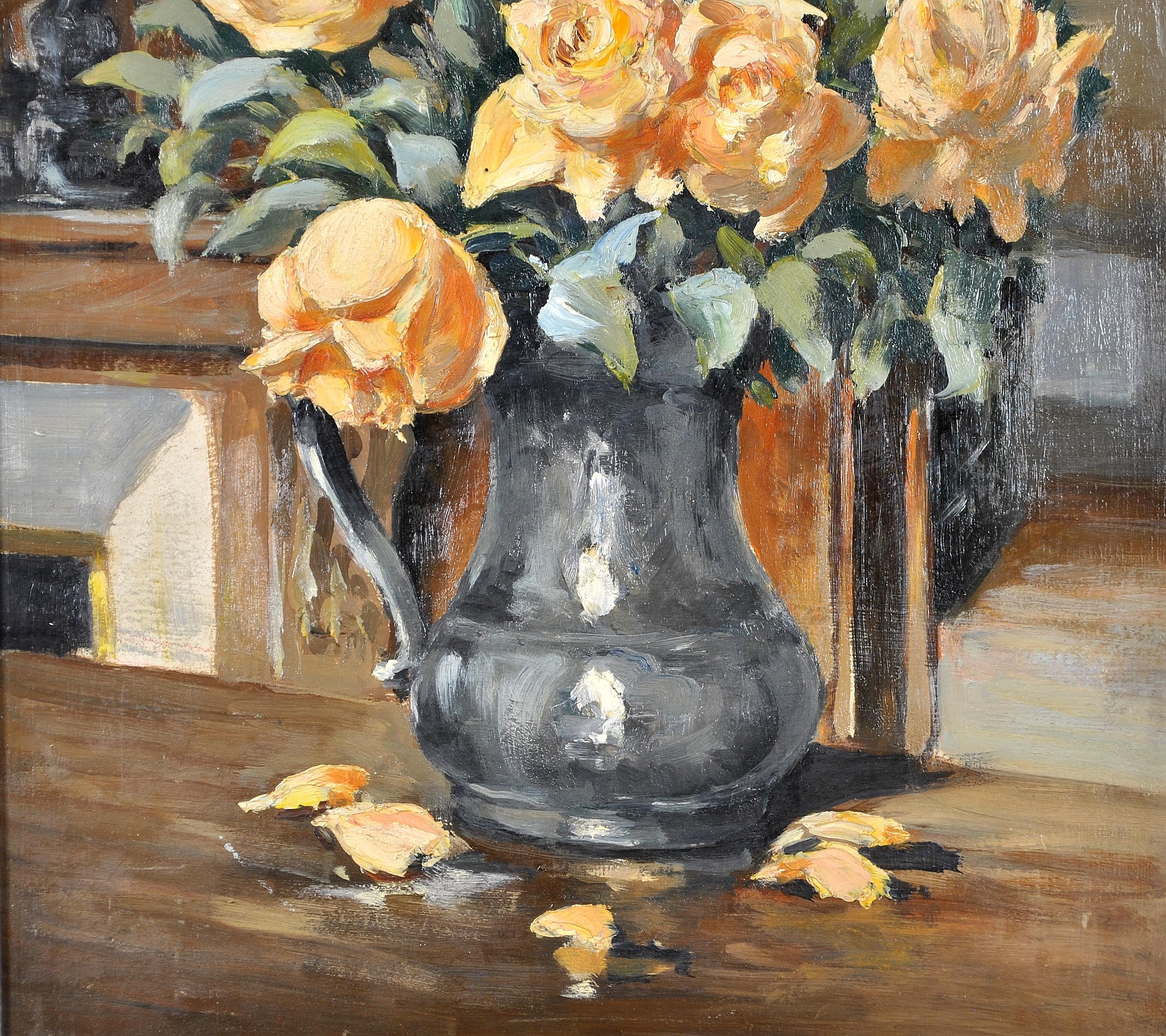 Roses in a Jug - 1920's French Impressionist Antique Still Life Oil Painting - Beige Still-Life Painting by Early 20th Century French School
