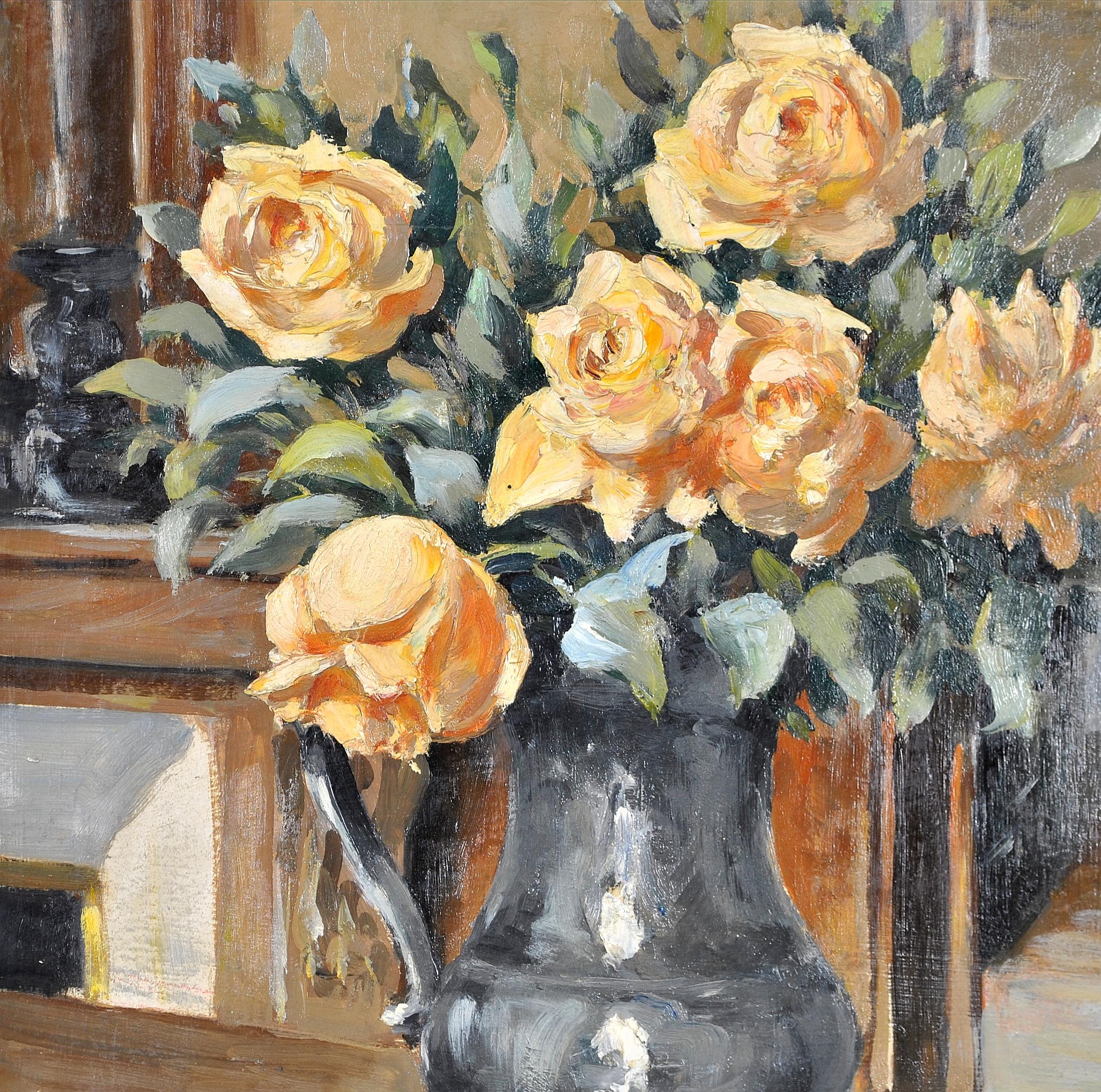 A beautiful 1920's French impressionist oil on board interior still life with yellow roses in a jug. Excellent quality work with lots of detail including a painting on the wall and mirror over the fireplace. Presented in a painted and gilded