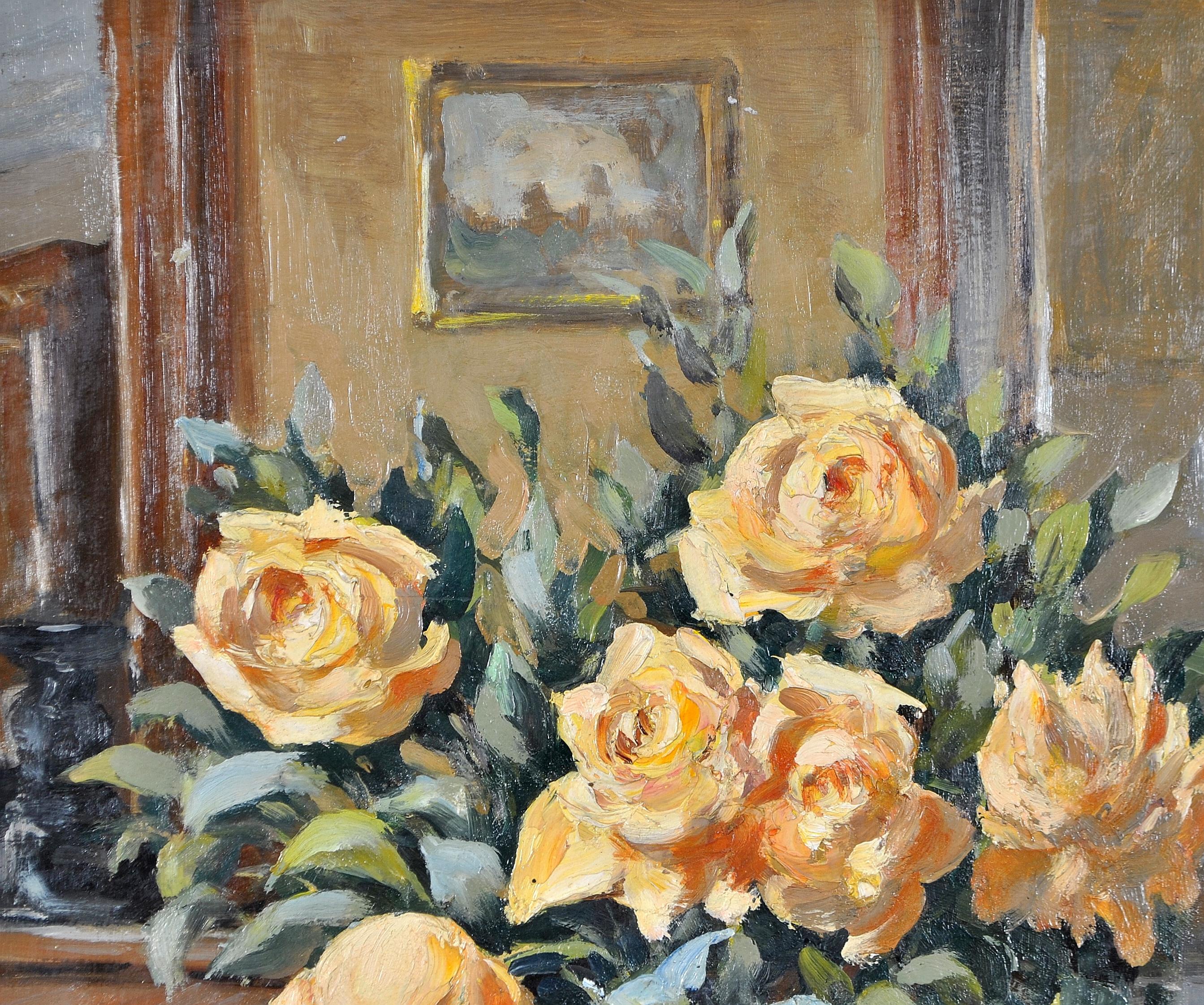 Roses in a Jug - 1920's French Impressionist Antique Still Life Oil Painting For Sale 2