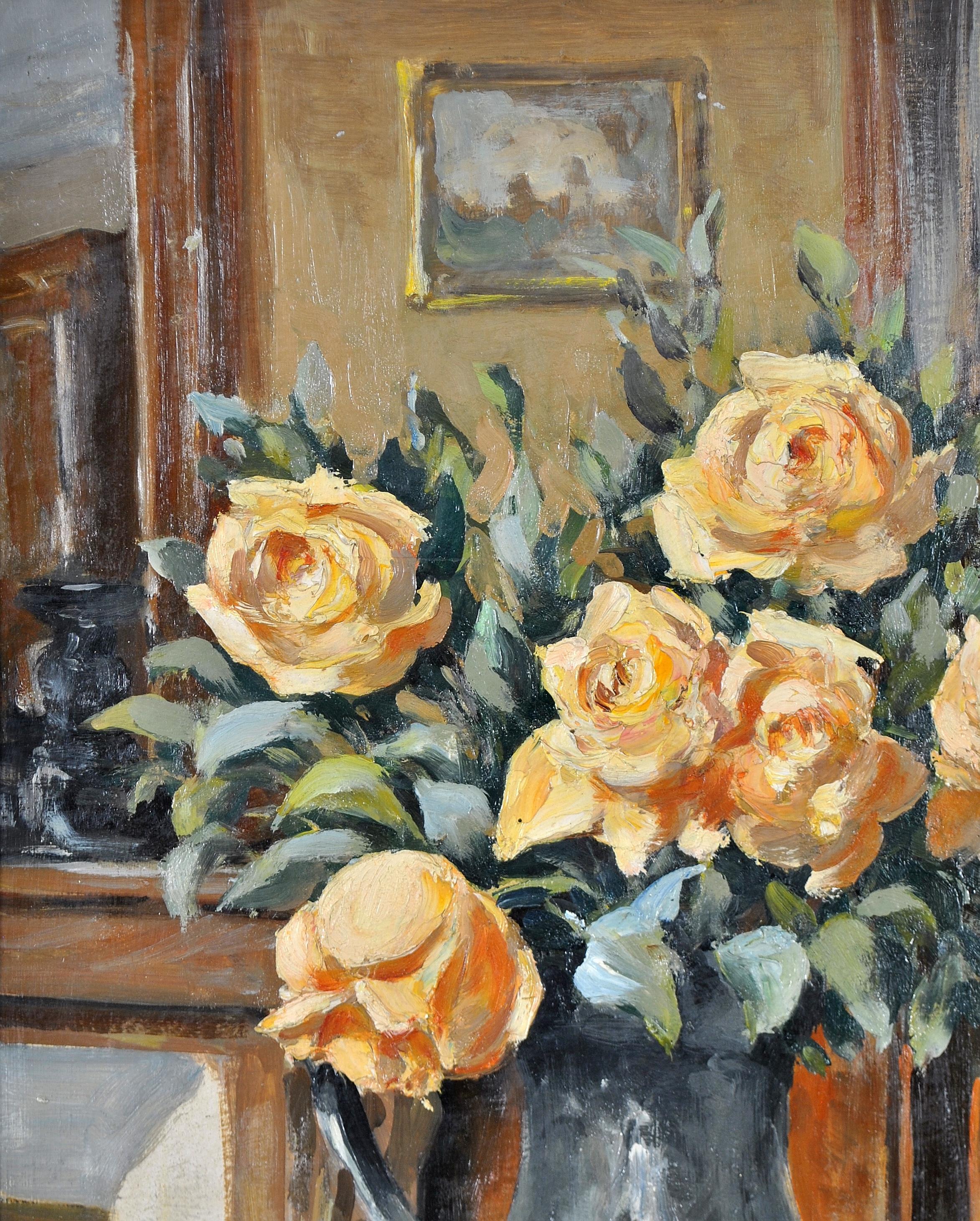 Roses in a Jug - 1920's French Impressionist Antique Still Life Oil Painting For Sale 3
