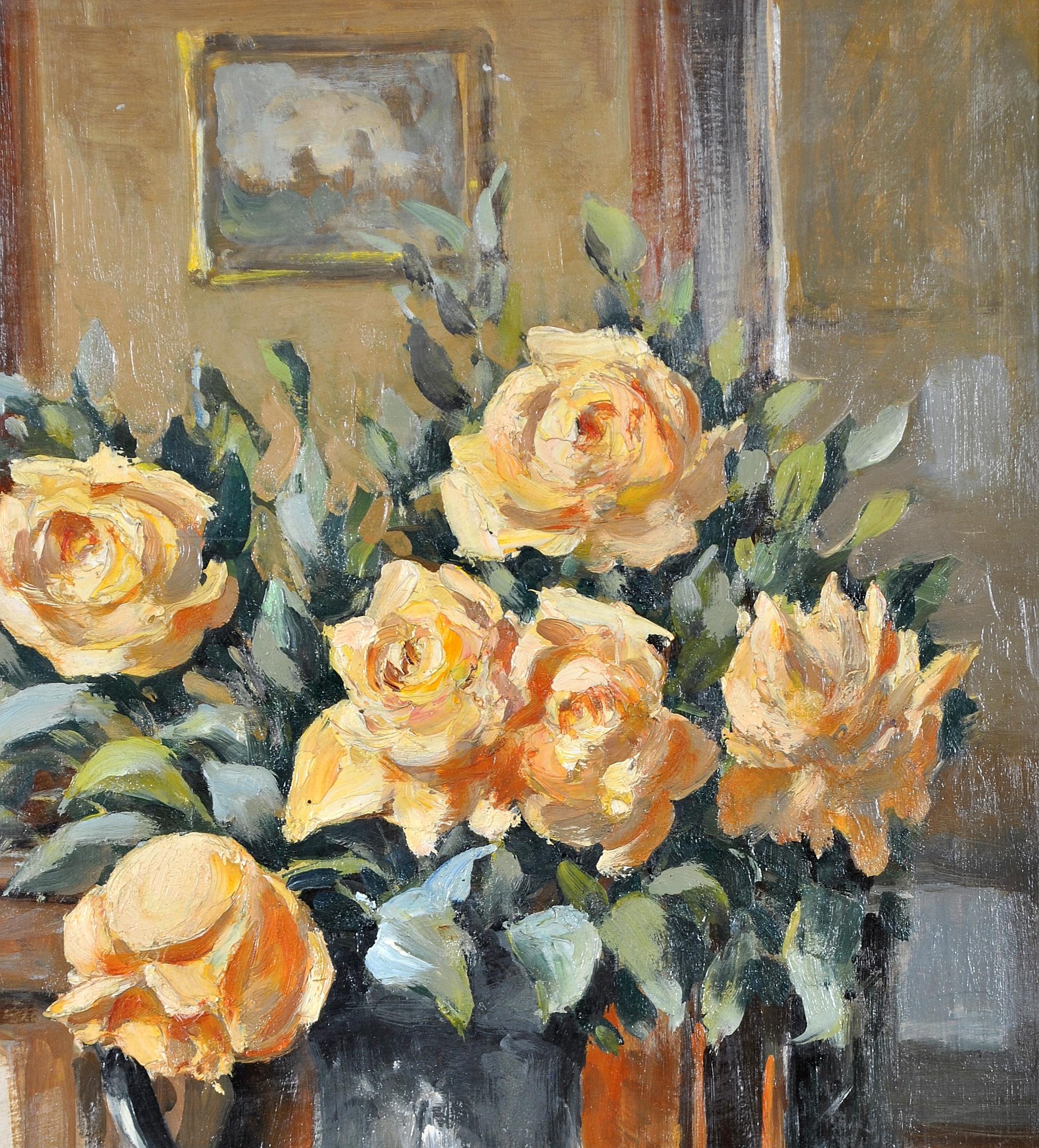 Roses in a Jug - 1920's French Impressionist Antique Still Life Oil Painting For Sale 4