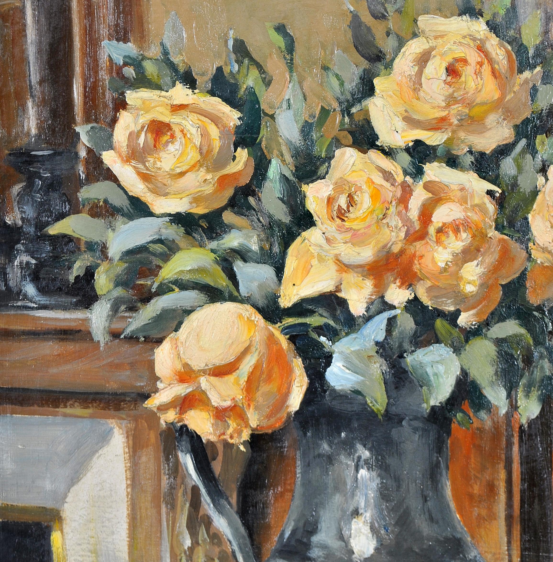 Roses in a Jug - 1920's French Impressionist Antique Still Life Oil Painting For Sale 5