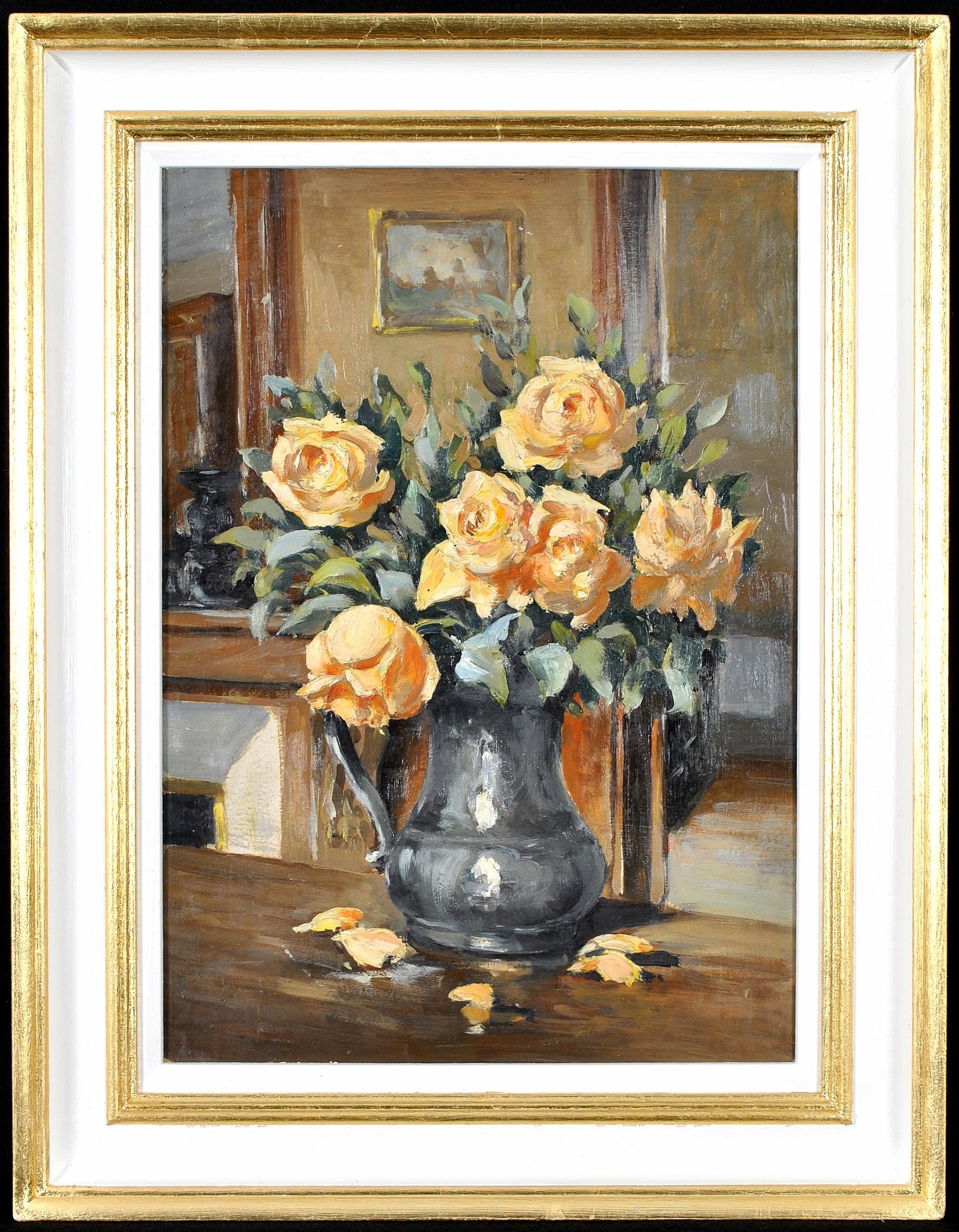Roses dans une cruche - Nature morte à l'huile impressionniste française des années 1920