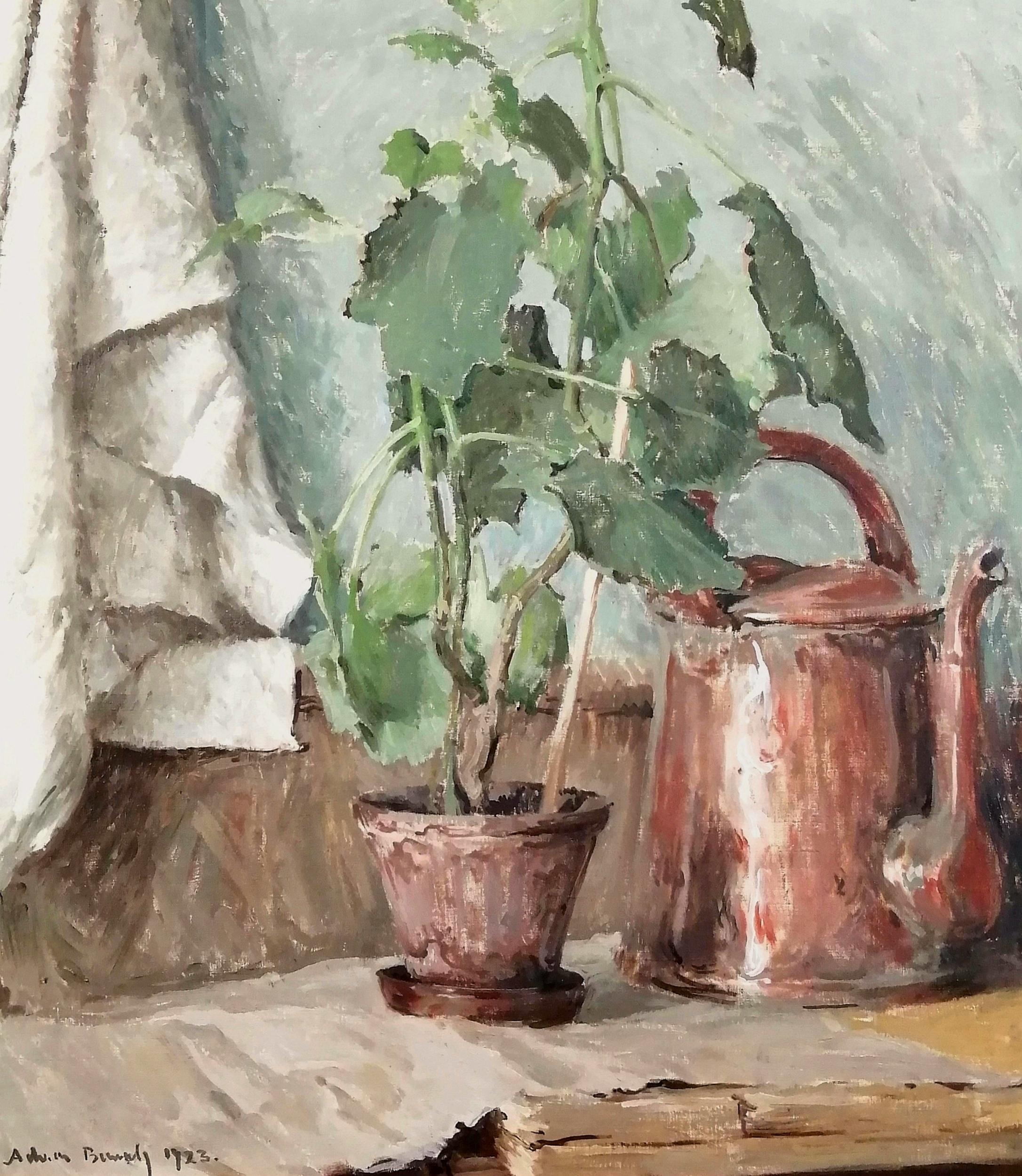 A very beautiful large French impressionist oil on canvas still life depicting a plant and brass kettle, probably in a kitchen. The work is very well painted and atmospheric on a generous scale. Signed and dated 1923 lower left.

Artist: French