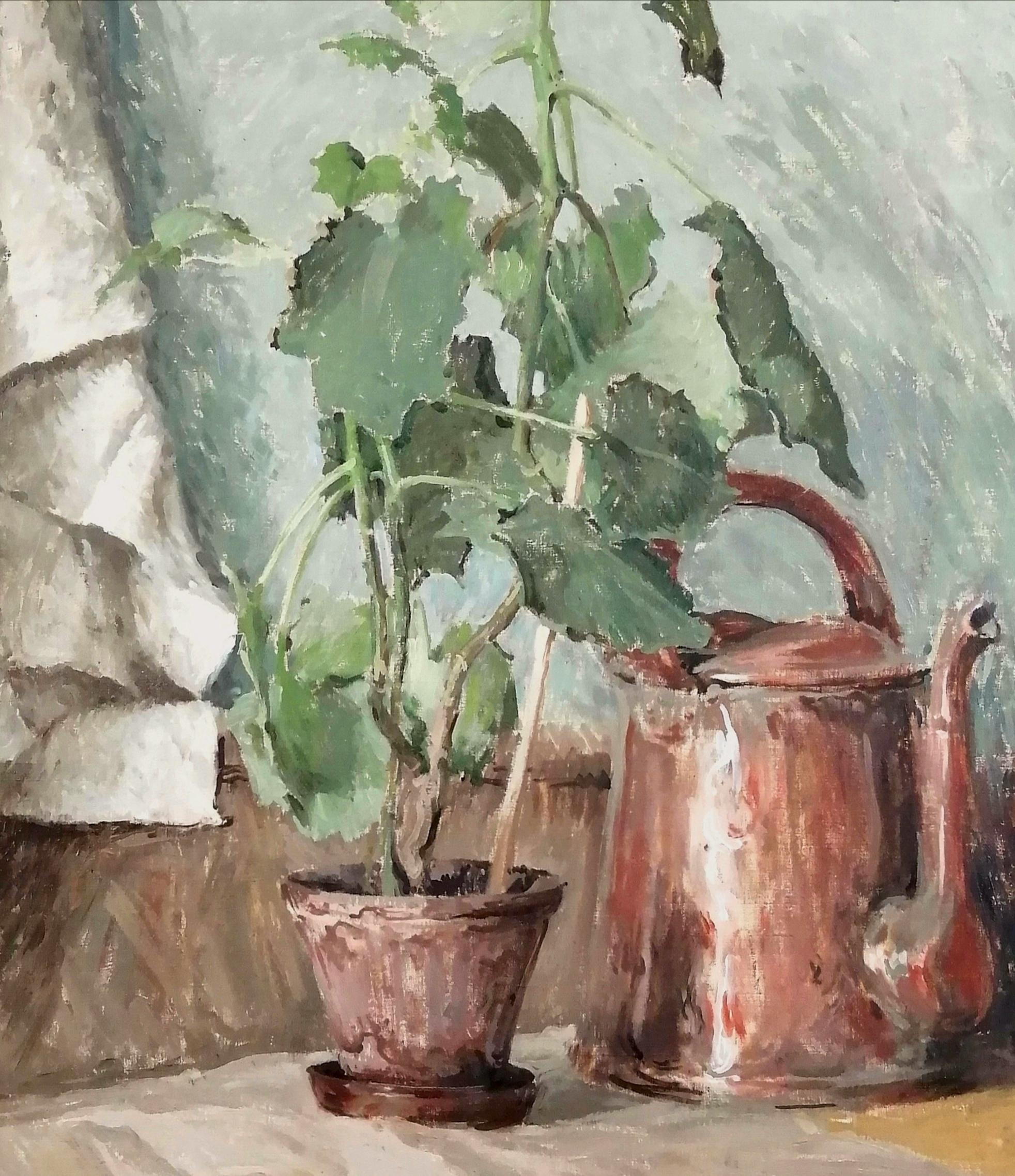 Still Life with Plant & Kettle - Large French Impressionist Kitchen Oil Painting For Sale 1