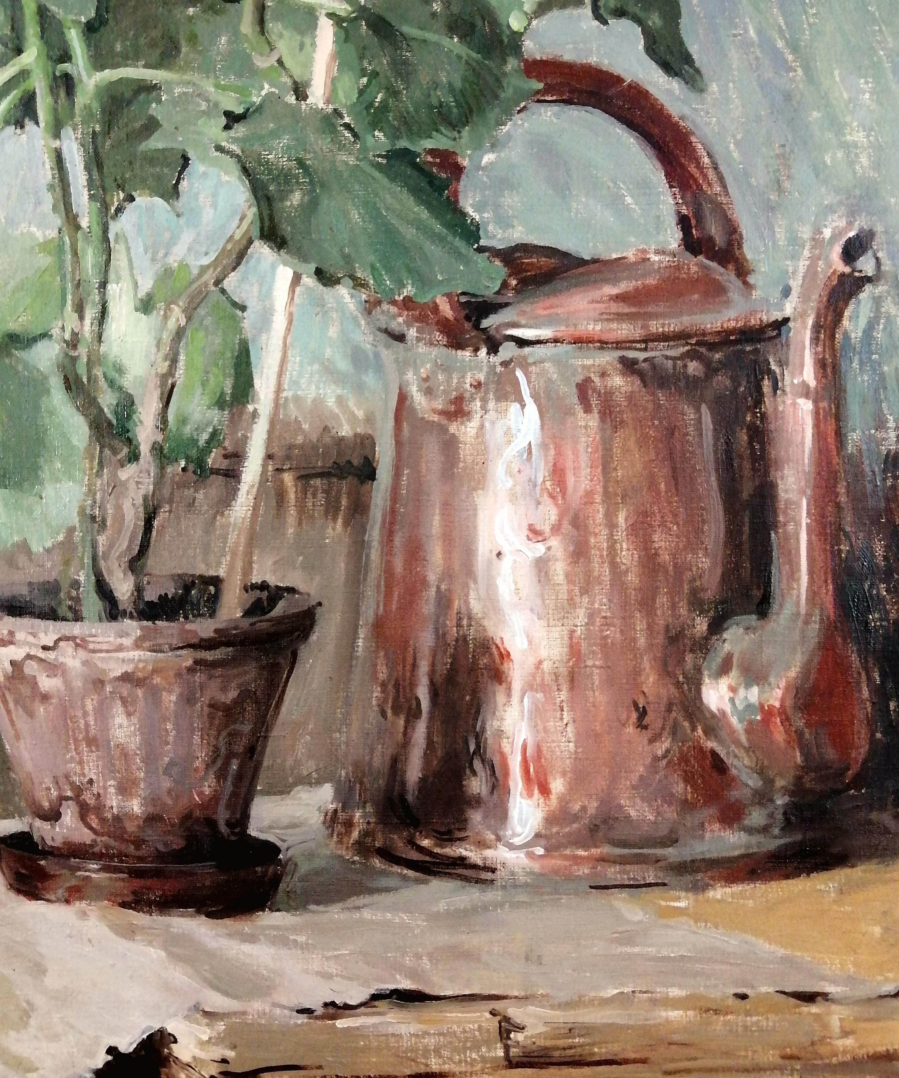 Still Life with Plant & Kettle - Large French Impressionist Kitchen Oil Painting For Sale 3