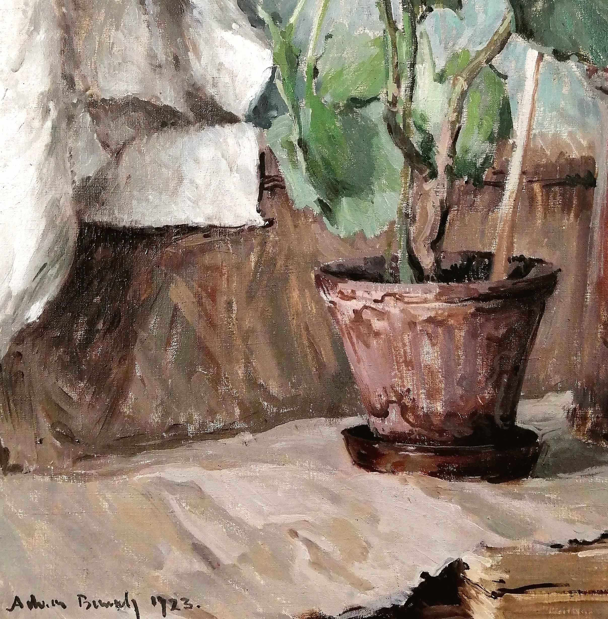 Still Life with Plant & Kettle - Large French Impressionist Kitchen Oil Painting For Sale 4
