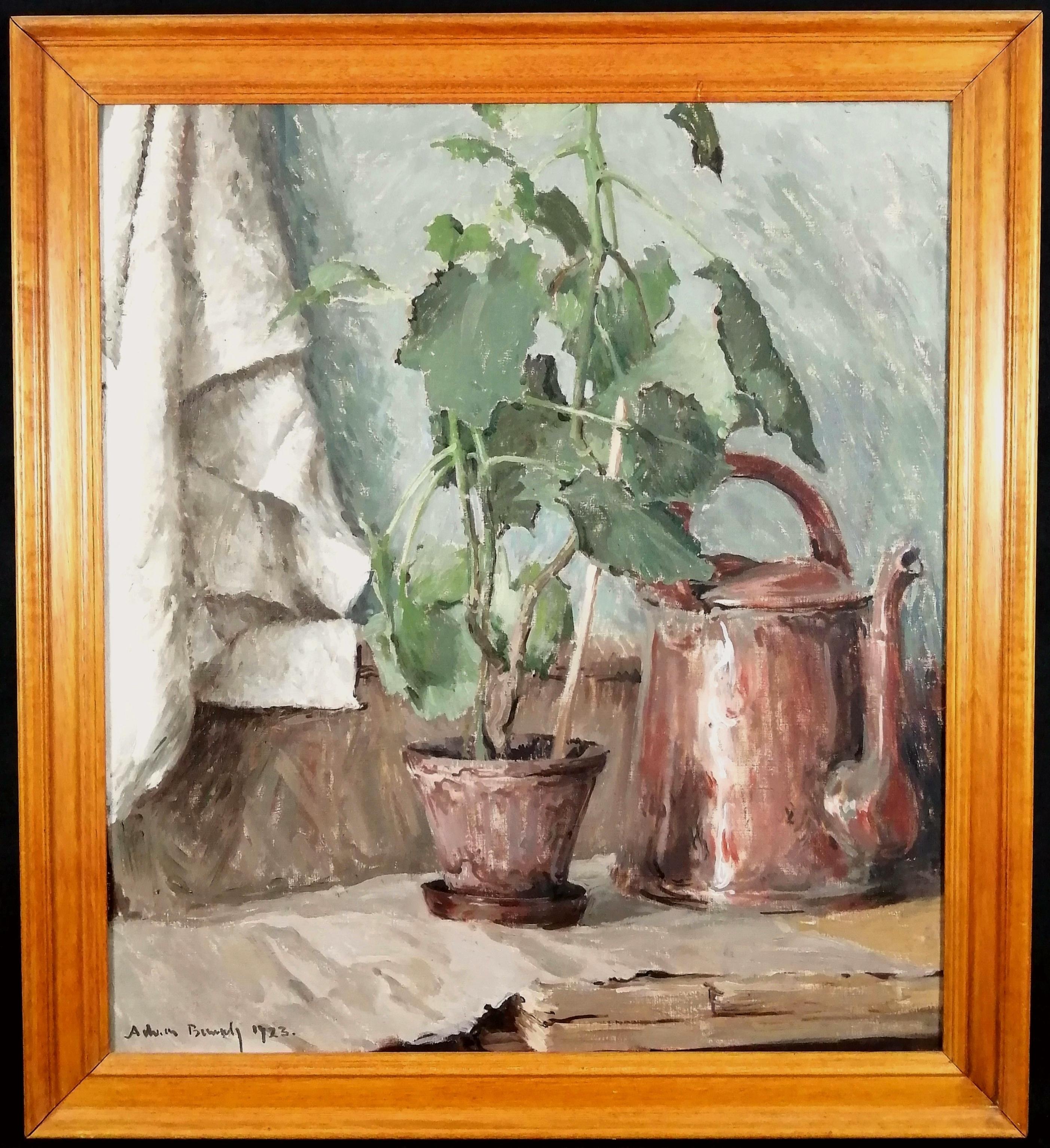 Early 20th Century French School Still-Life Painting - Still Life with Plant & Kettle - Large French Impressionist Kitchen Oil Painting