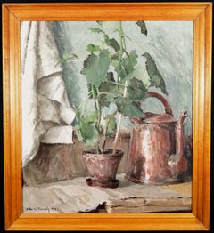 Antique Still Life with Plant & Kettle - Large French Impressionist Kitchen Oil Painting