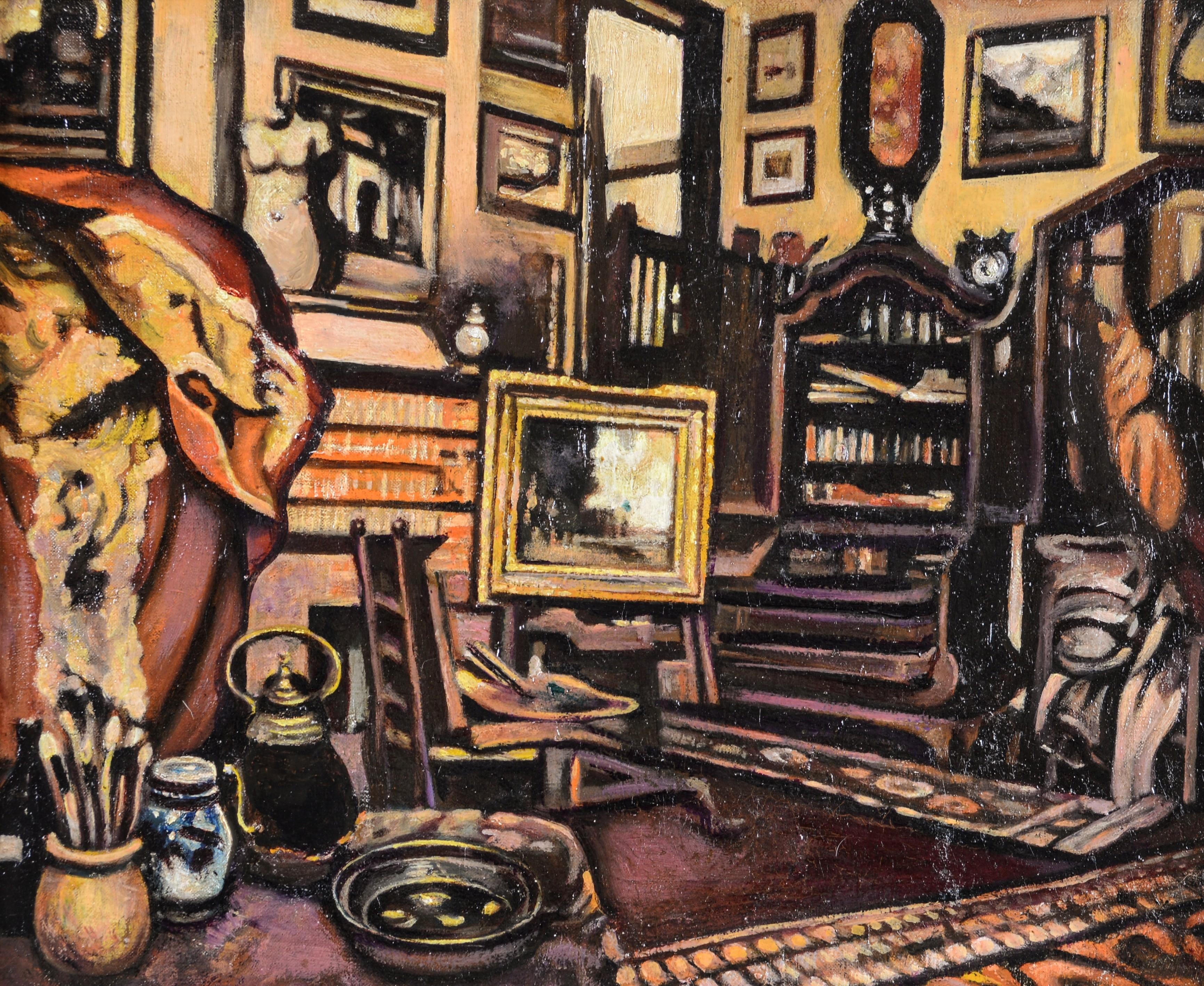 Studio Interior - Early 20th Century Antique French Post Impressionist Painting - Beige Interior Painting by Early 20th Century French School