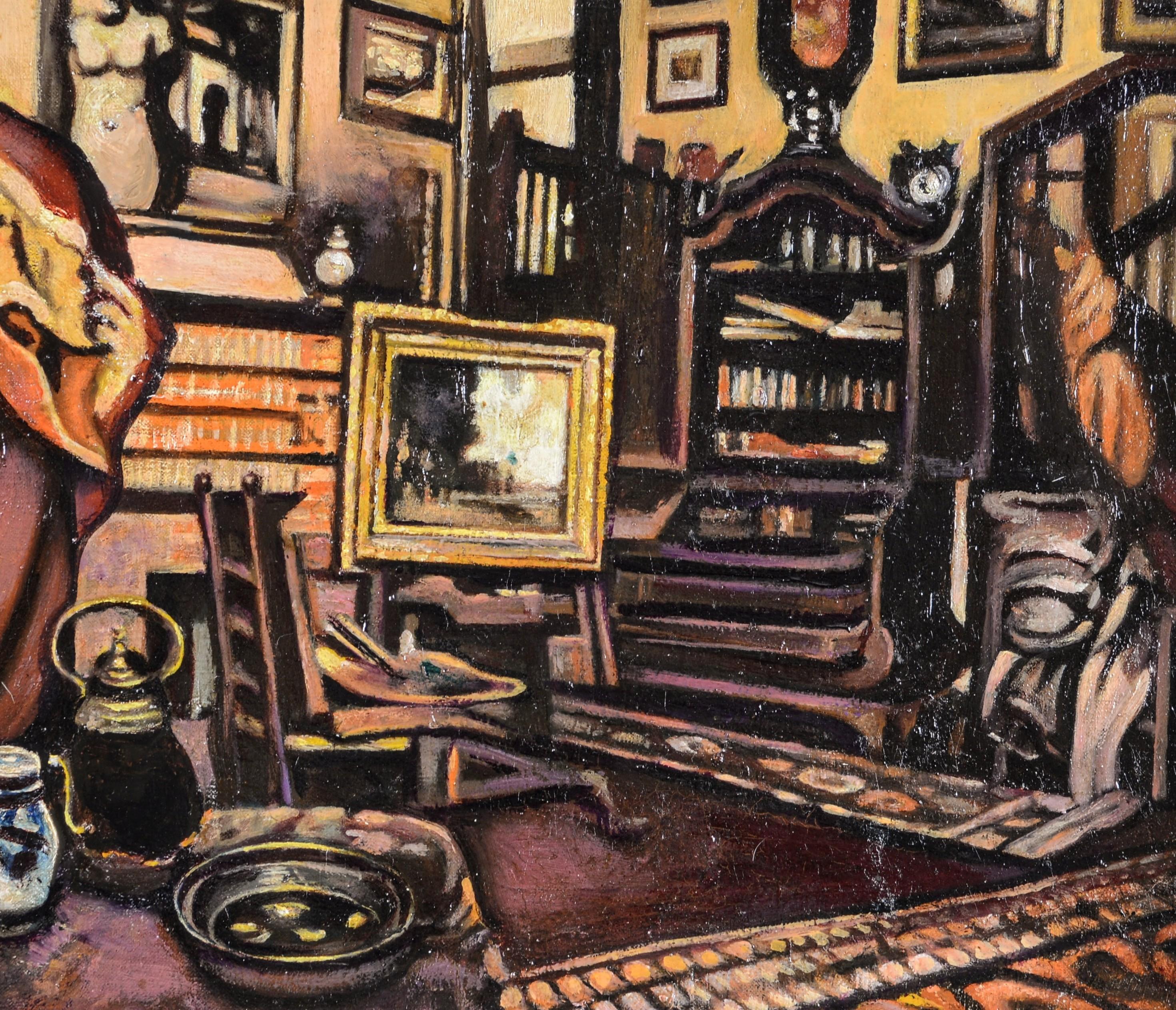 A beautiful 1920's French post-impressionist oil on canvas depicting an artist's studio with painting on an easel, palette, brushes in the foreground and numerous paintings on the wall.

Excellent quality and very quirky French interior, presented