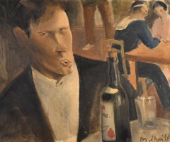 Le Buveur - Début du 20e siècle, peinture d'intérieur française de Naif Primative Paris