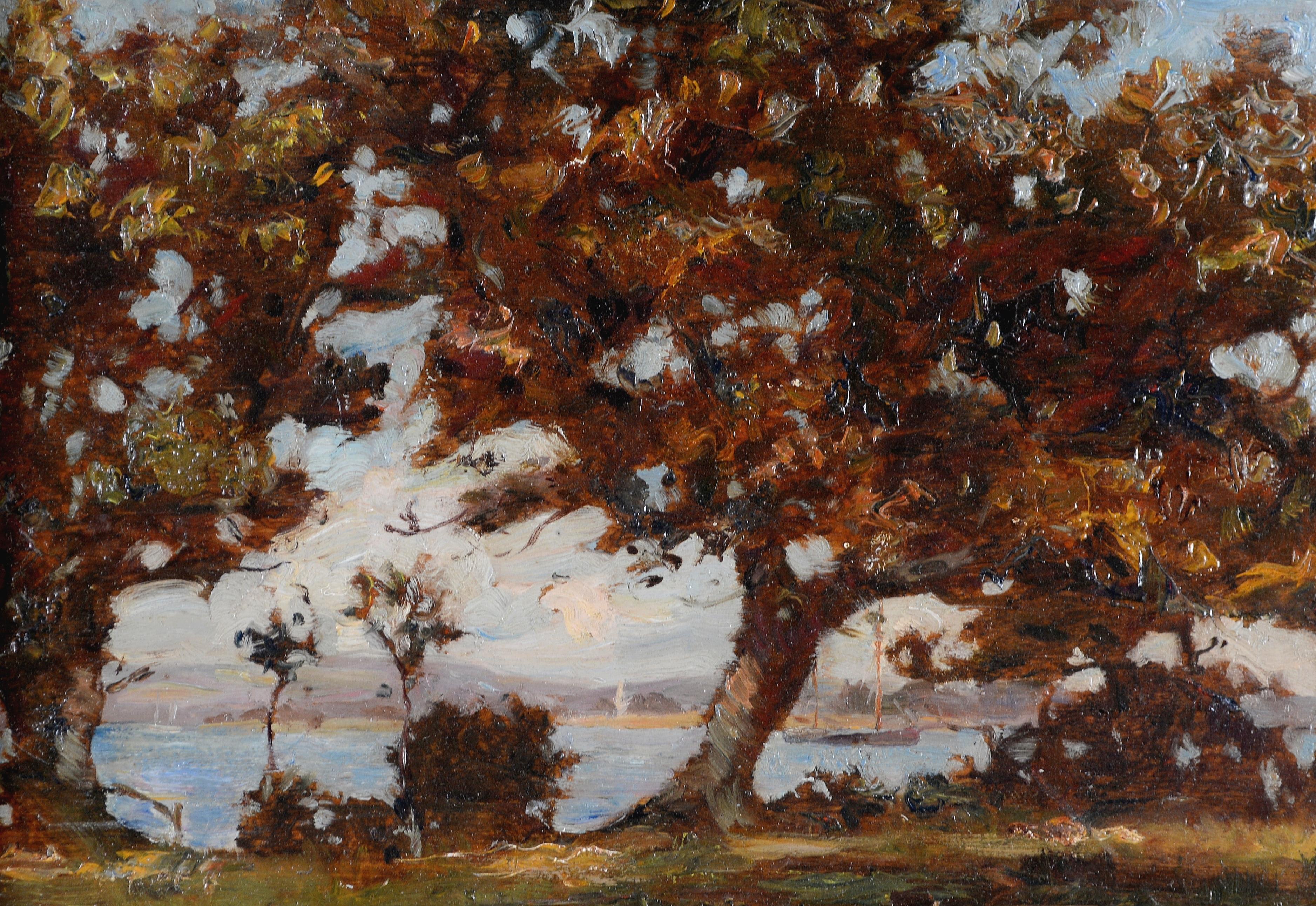Bewaldete Flusslandschaft - Frühes 20. Jahrhundert Französischer Impressionist Ölgemälde (Braun), Landscape Painting, von Early 20th Century French School