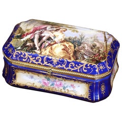 Antique Early 20th Century French Sèvres Painted Porcelain and Gilt Brass Jewelry Box