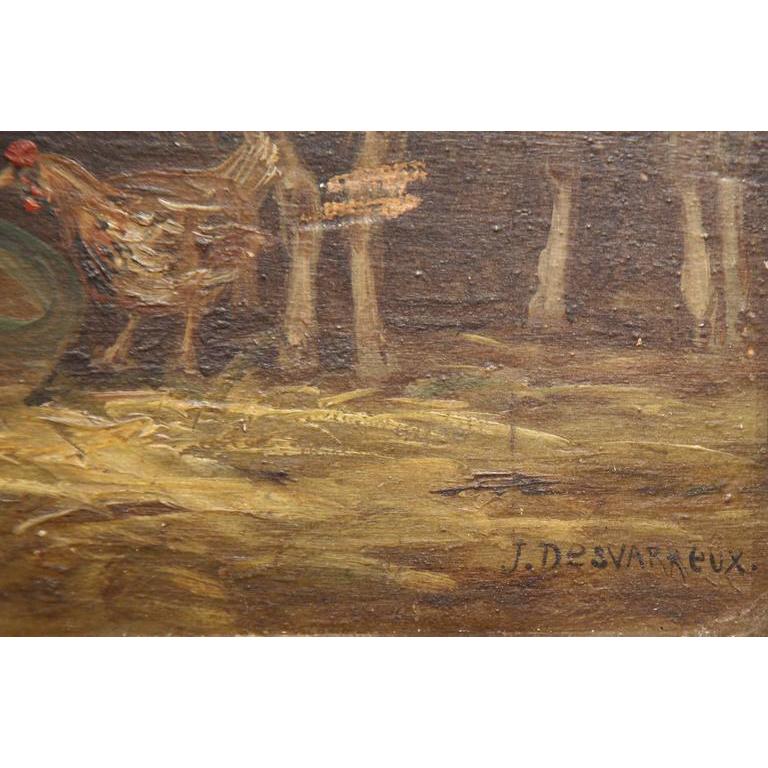 Set in the original carved giltwood frame, this charming, antique oil on board was painted in France, circa 1910. The rectangular composition depicts a group of sheep near a barn. The painting shows the artist's masterful use of dimension, color and