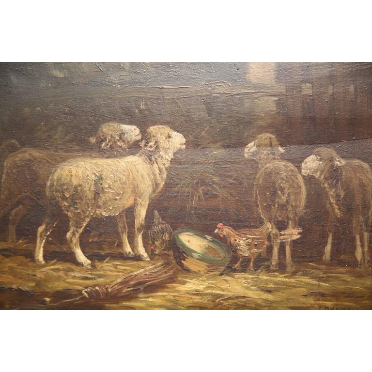 Carved Early 20th Century French Sheep Oil Painting in Gilt Frame Signed R. Desvarreux