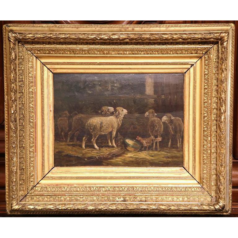 Early 20th Century French Sheep Oil Painting in Gilt Frame Signed R. Desvarreux In Excellent Condition In Dallas, TX