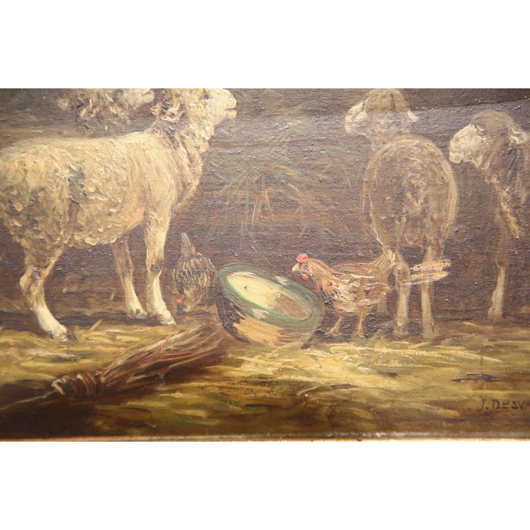 Canvas Early 20th Century French Sheep Oil Painting in Gilt Frame Signed R. Desvarreux