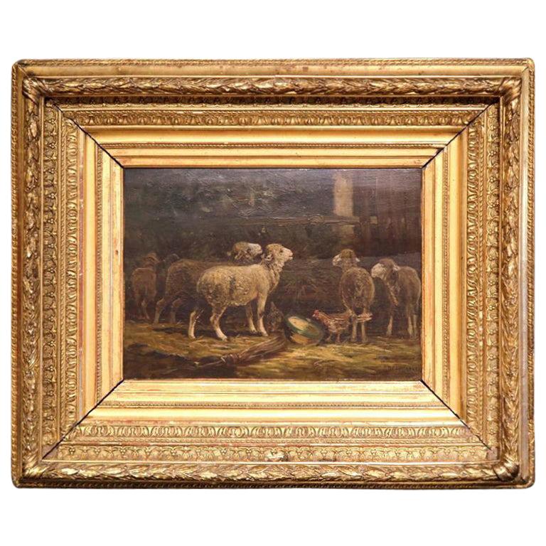 Early 20th Century French Sheep Oil Painting in Gilt Frame Signed R. Desvarreux