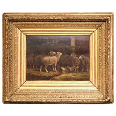 Early 20th Century French Sheep Oil Painting in Gilt Frame Signed R. Desvarreux