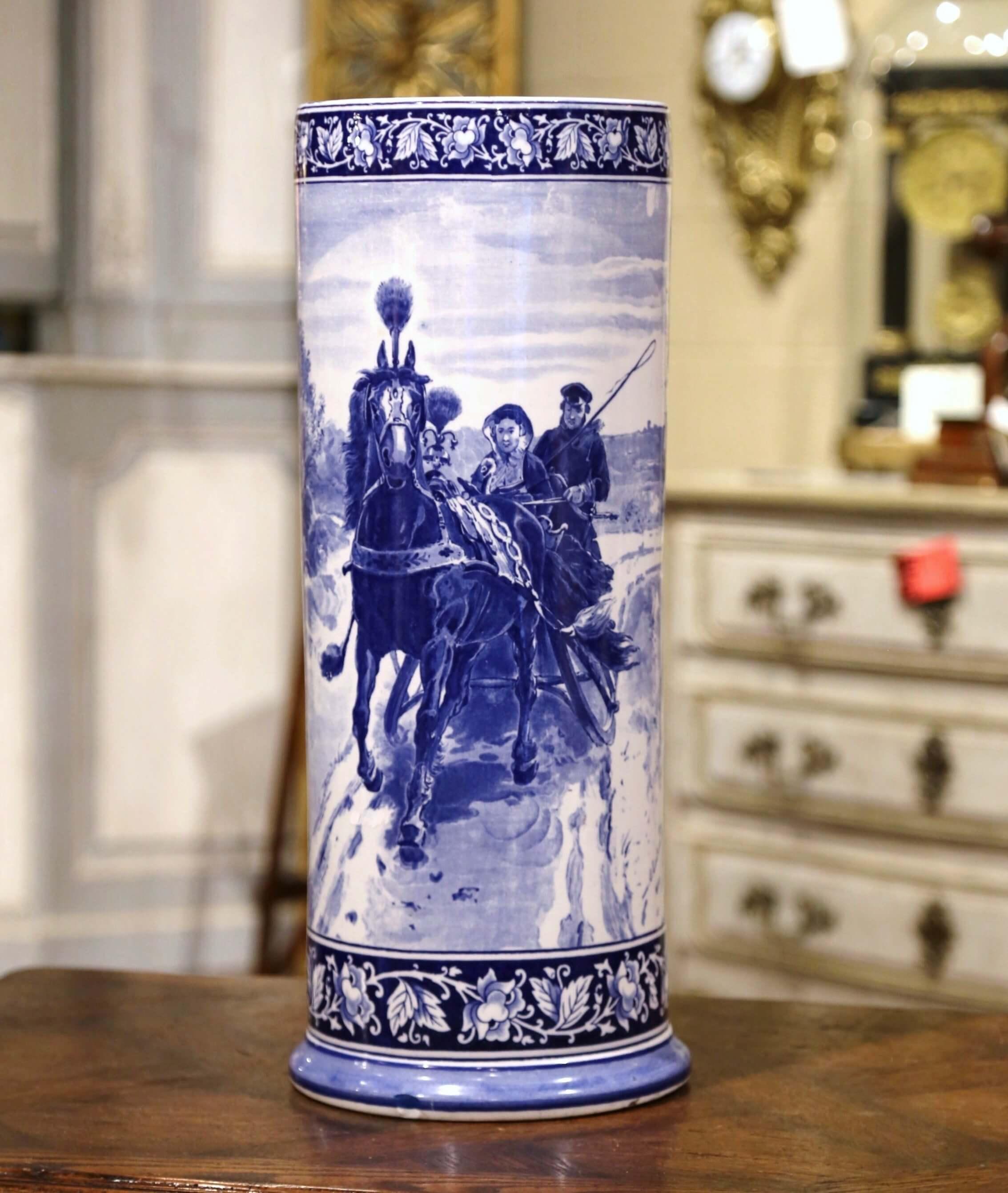 Hand-Painted Early 20th Century French Signed Blue and White Painted Porcelain Umbrella Stand