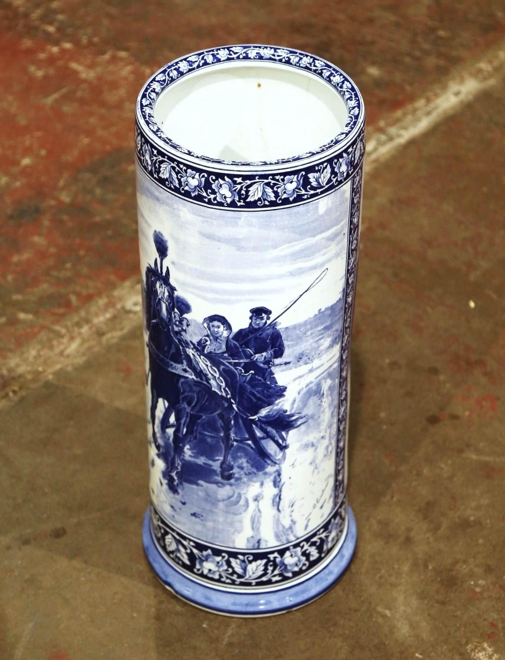 Early 20th Century French Signed Blue and White Painted Porcelain Umbrella Stand In Excellent Condition In Dallas, TX