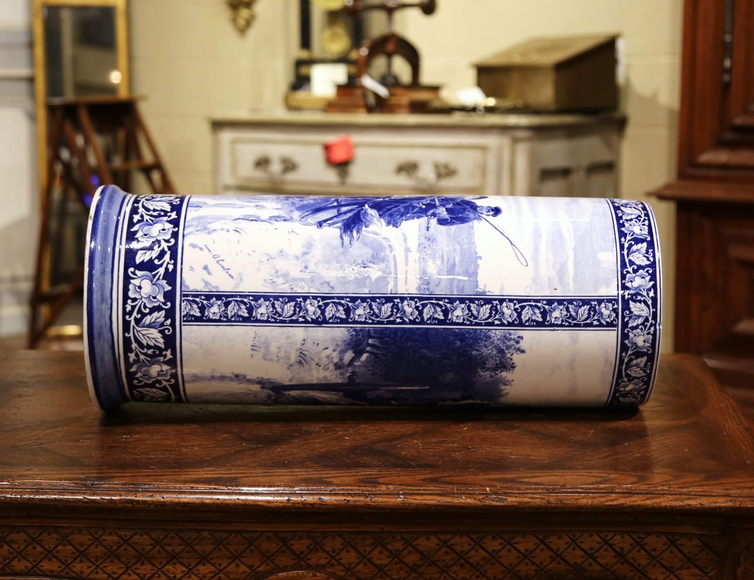 Early 20th Century French Signed Blue and White Painted Porcelain Umbrella Stand 5