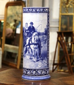 Early 20th Century French Signed Blue and White Painted Porcelain Umbrella Stand