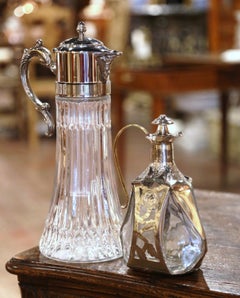 Early 20th Century French Silver Plated Crystal Claret Pitcher and Decanter Set