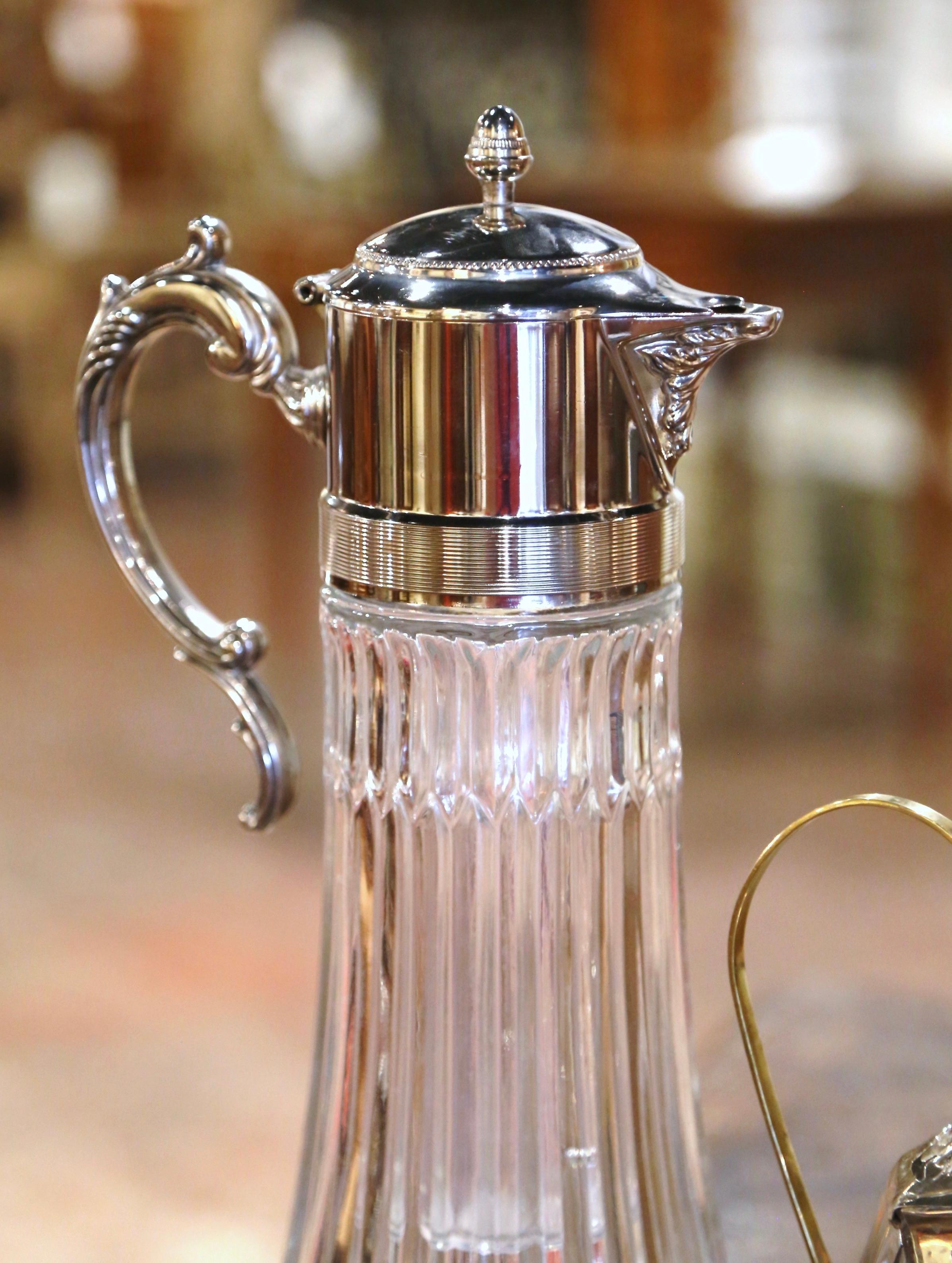 Hand-Crafted Early 20th Century French Silver Plated Crystal Claret Pitcher and Decanter Set For Sale