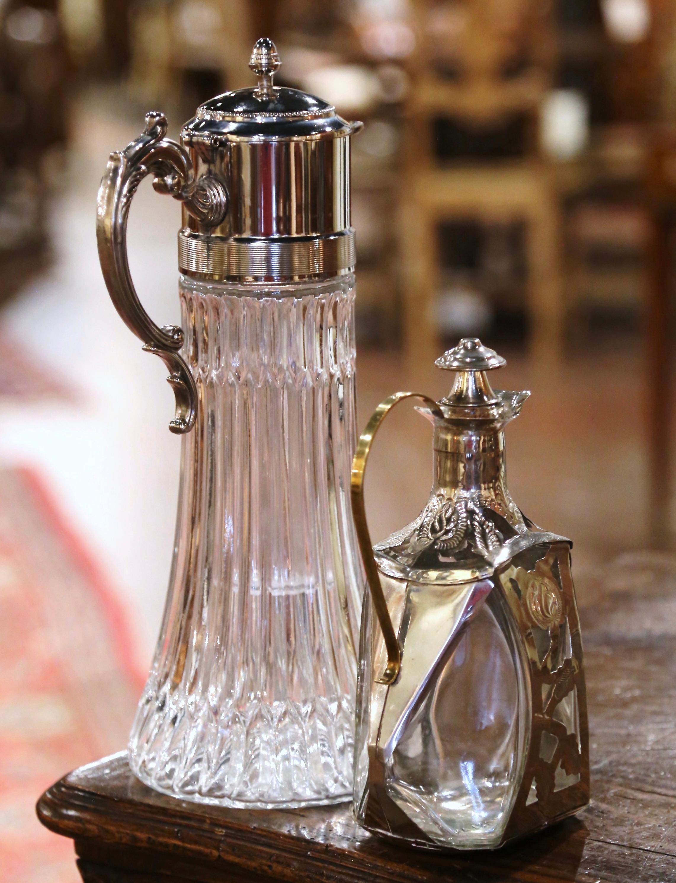 Early 20th Century French Silver Plated Crystal Claret Pitcher and Decanter Set For Sale 2