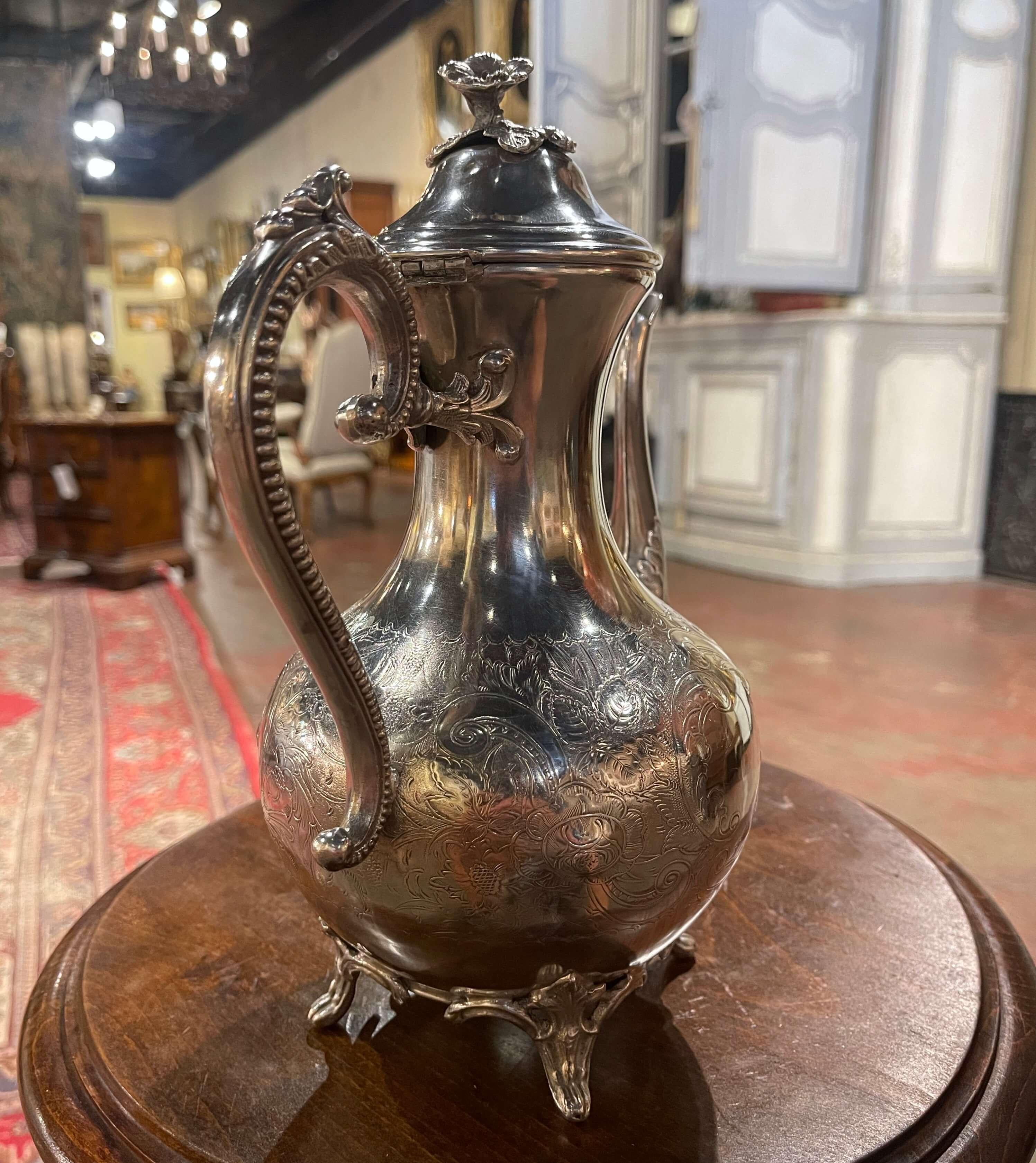 Silvered Early 20th Century French Silver Plated Teapot or Coffeepot with Engraved Motifs