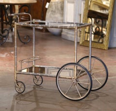 Early 20th Century French Silvered Brass Faux Bamboo Bar Cart Bagues Style