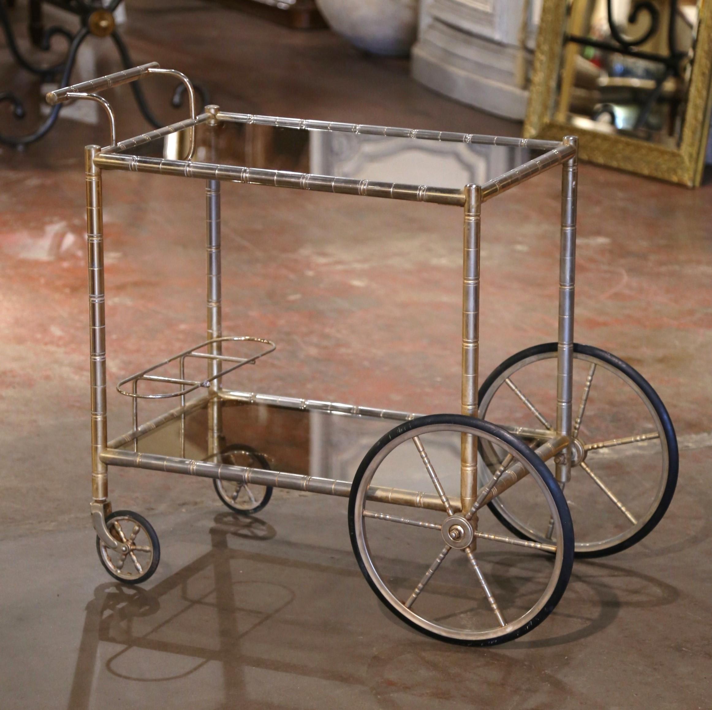 Fait main Chariot de bar français du début du 20ème siècle en laiton argenté et faux bambou style Bagues en vente
