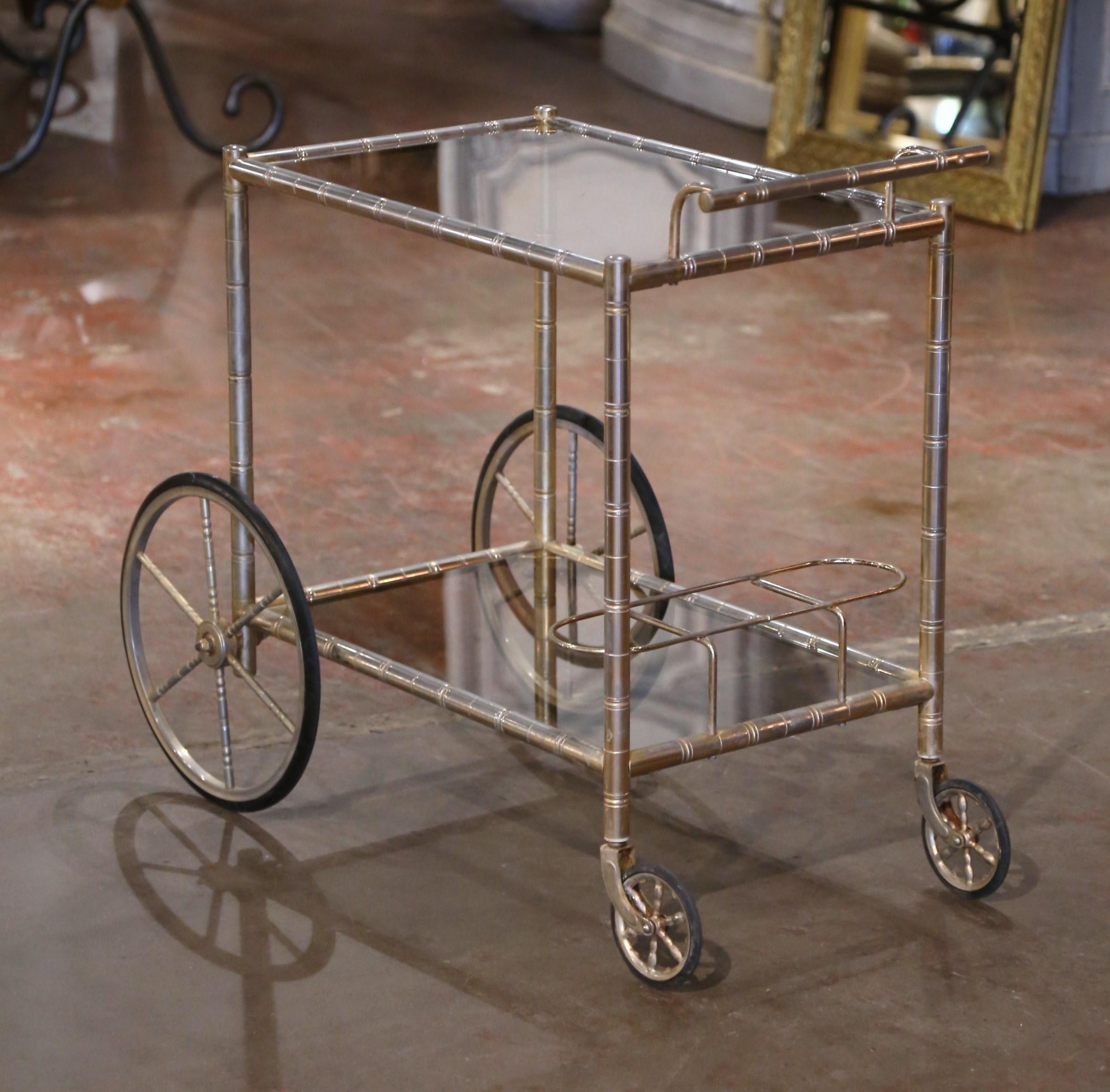 Chariot de bar français du début du 20ème siècle en laiton argenté et faux bambou style Bagues en vente 1