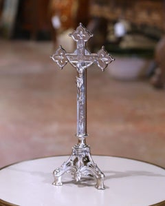Early 20th Century French Silvered Iron Altar Crucifix with Fleur-de-Lys Cross