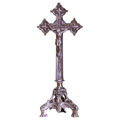 Early 20th Century French Silvered Iron Altar Crucifix with Fleur-de-Lys Cross