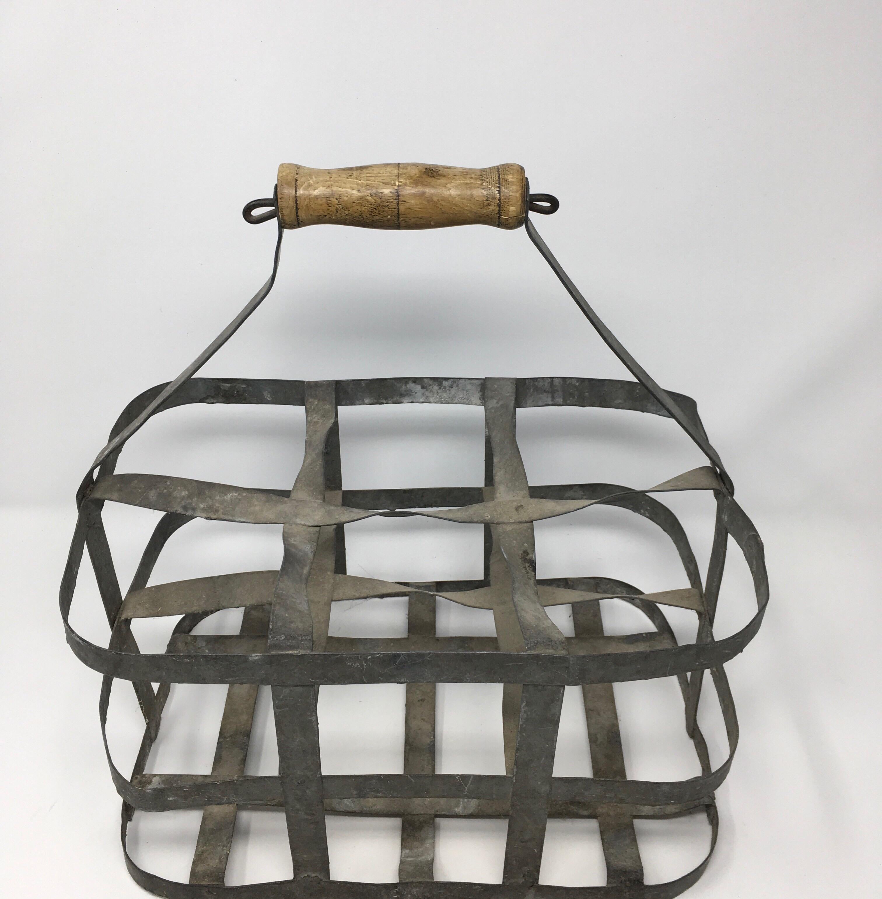 Metal Early 20th Century French Six Bottle Wine Carrier Basket from France