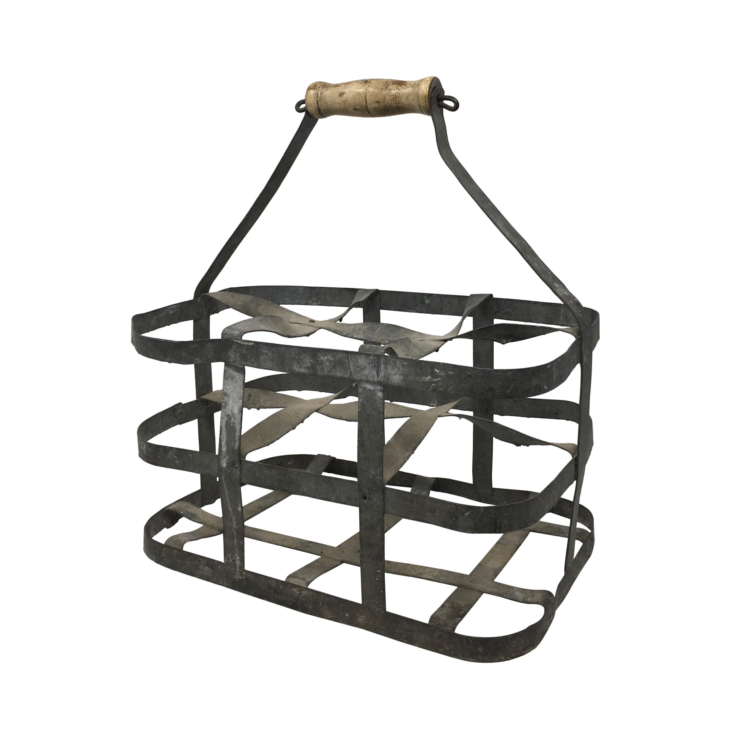 Early 20th Century French Six Bottle Wine Carrier Basket from France