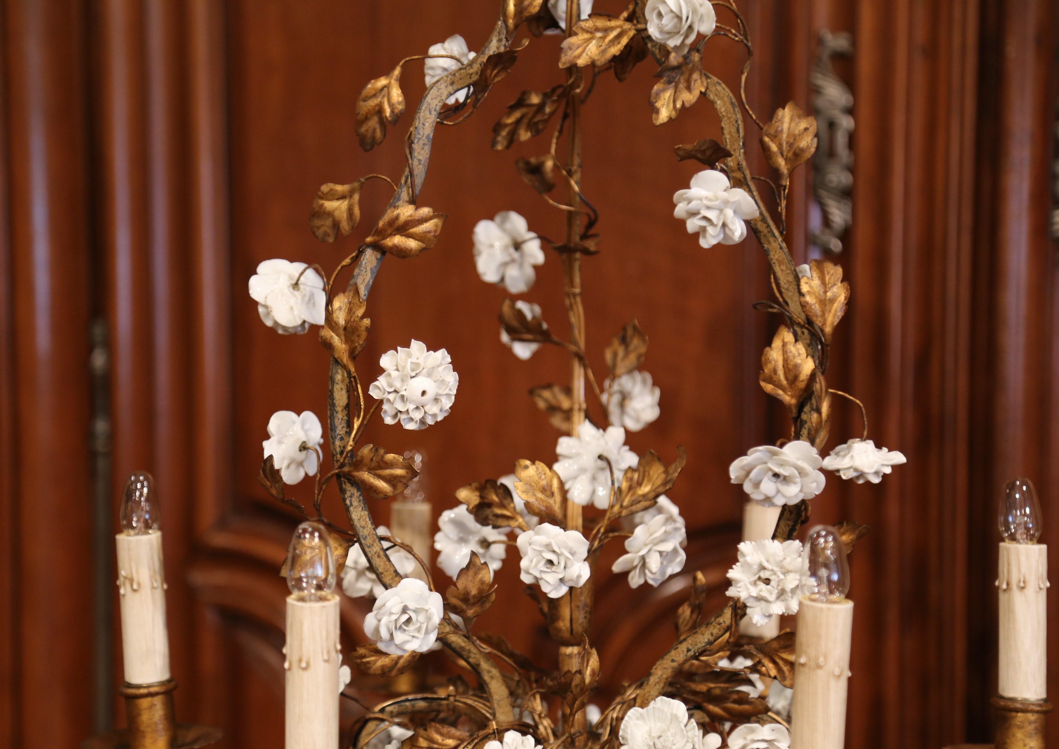 Hand-Crafted Early 20th Century French Six-Light Chandelier with Porcelain Flowers and Leaves