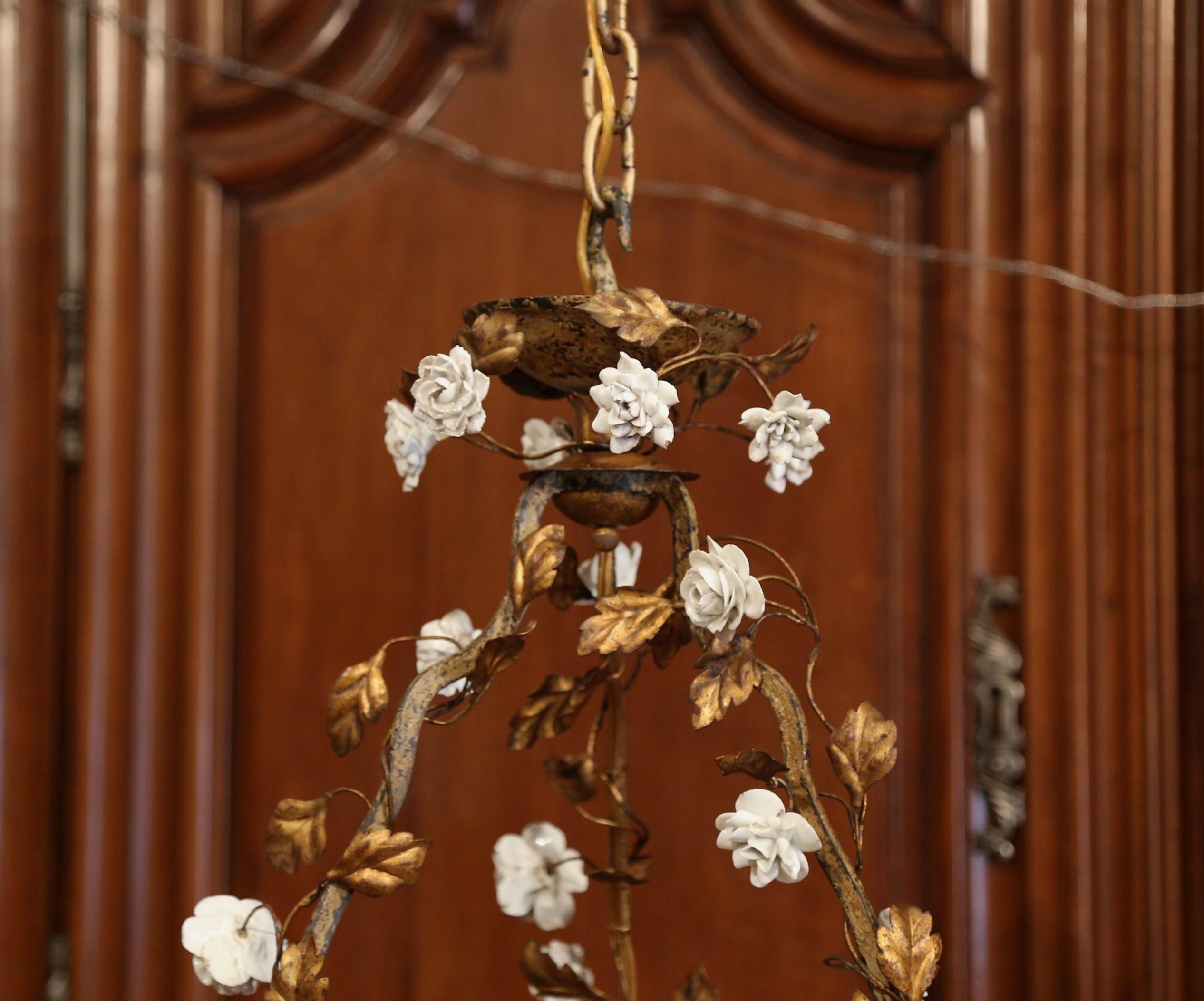 Metal Early 20th Century French Six-Light Chandelier with Porcelain Flowers and Leaves