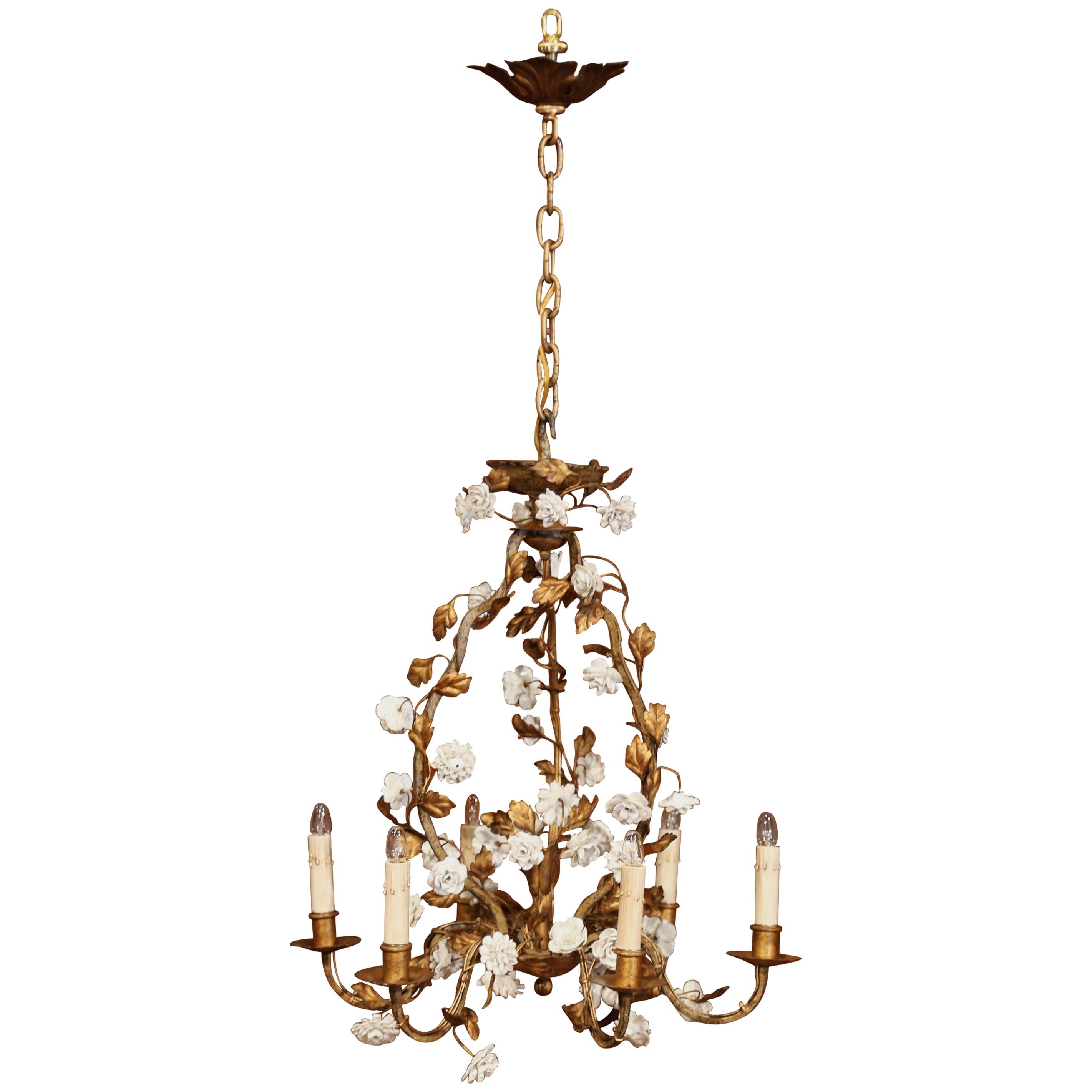 Early 20th Century French Six-Light Chandelier with Porcelain Flowers and Leaves