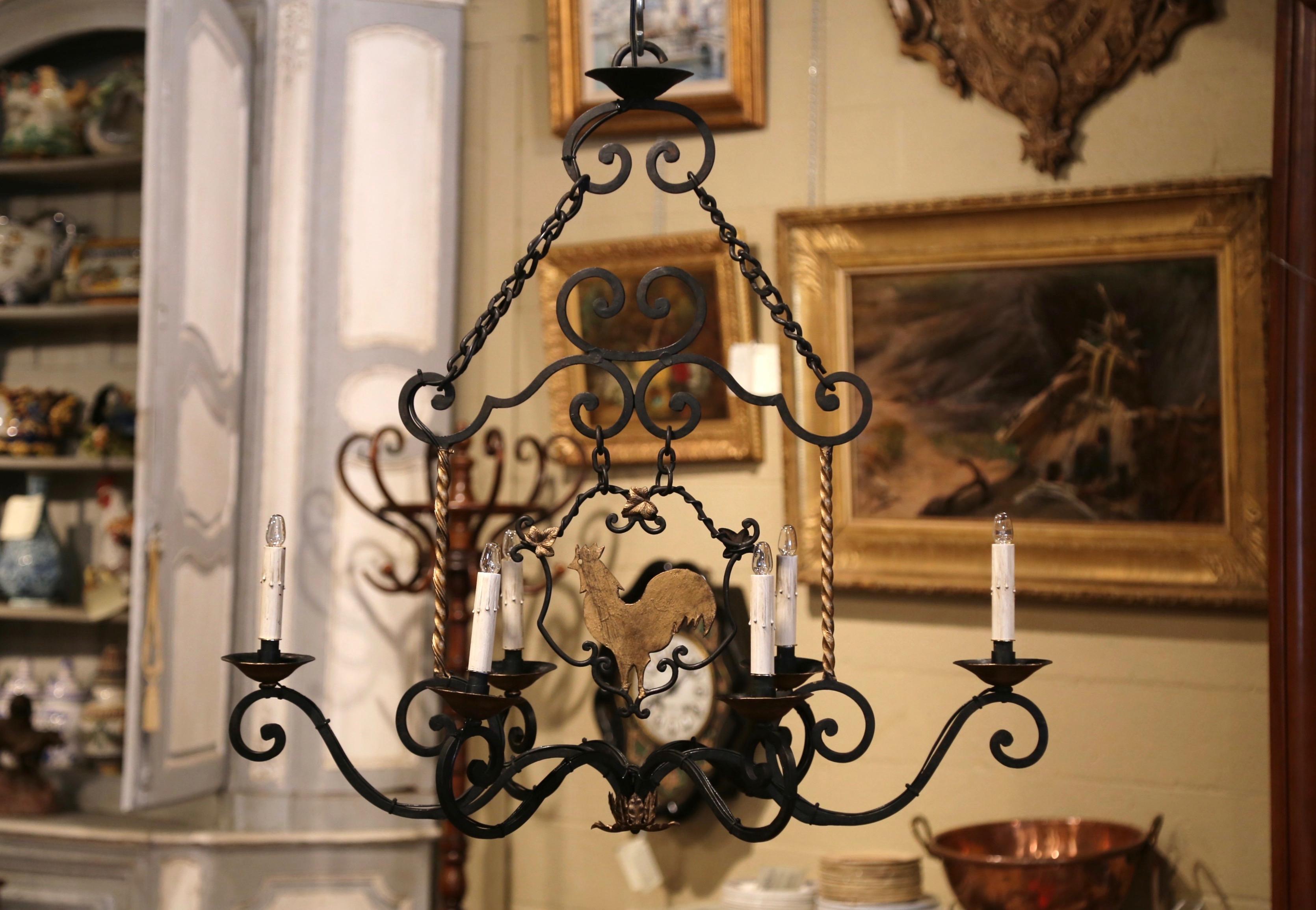 Louis XV Early 20th Century French Six-Light Iron Chandelier with Center Rooster