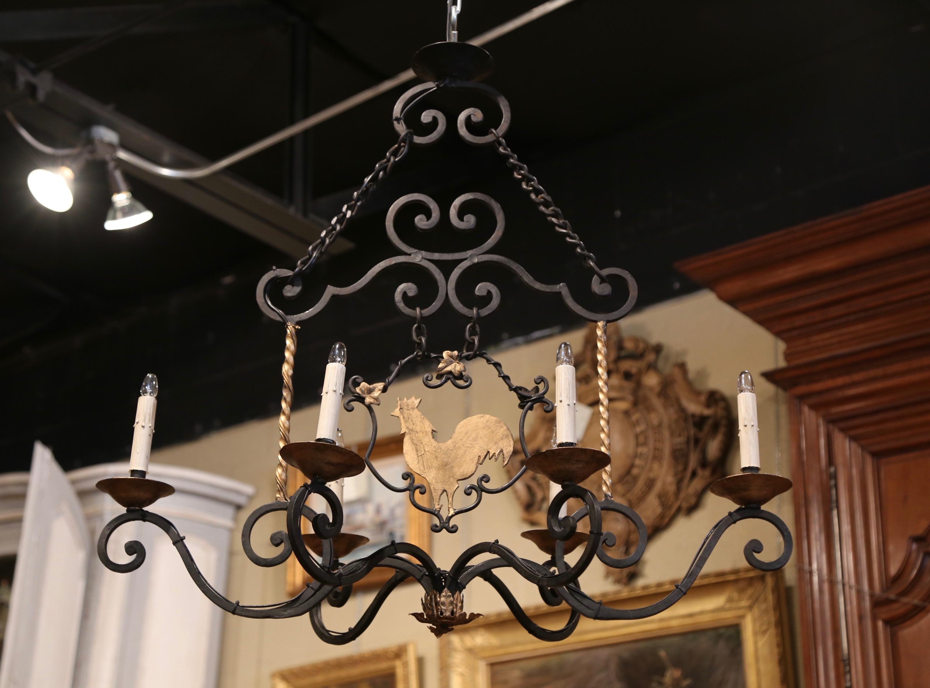 Hand-Crafted Early 20th Century French Six-Light Iron Chandelier with Center Rooster